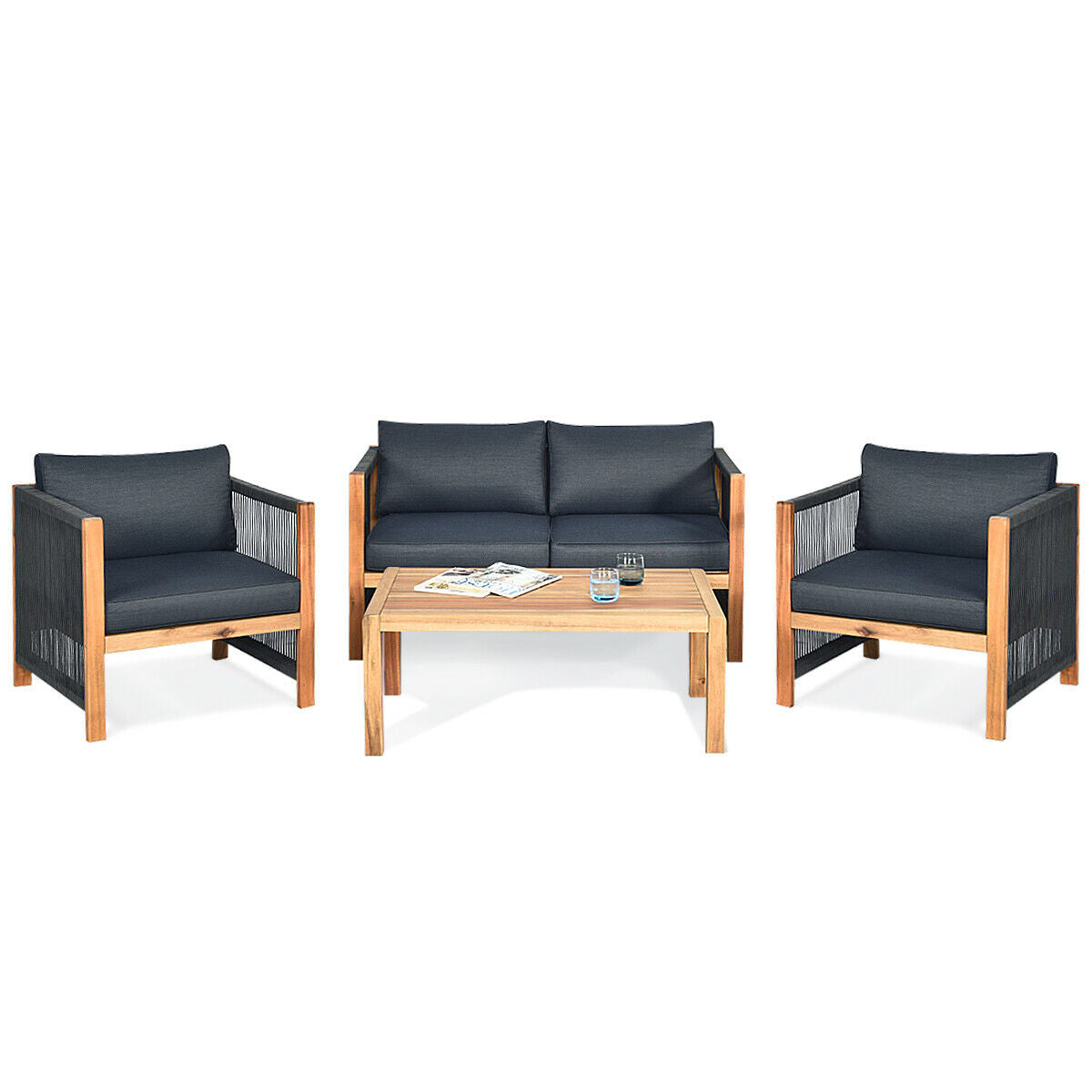 4-Piece Acacia Wood Outdoor Patio Furniture Set Cushions