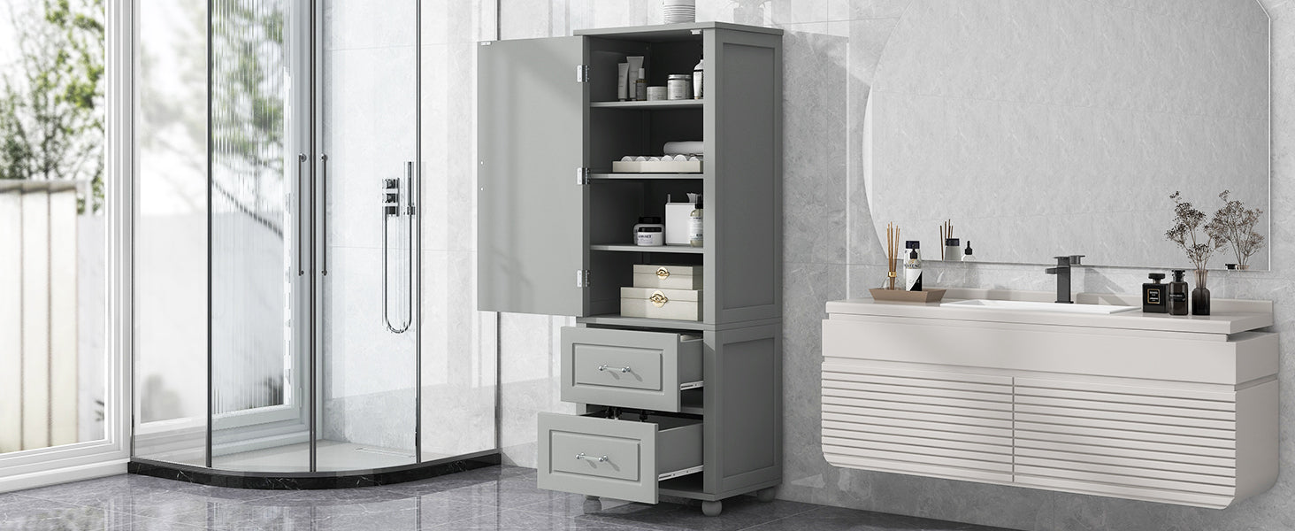 Tall Grey Bathroom Storage Cabinet with Adjustable Shelves Drawers