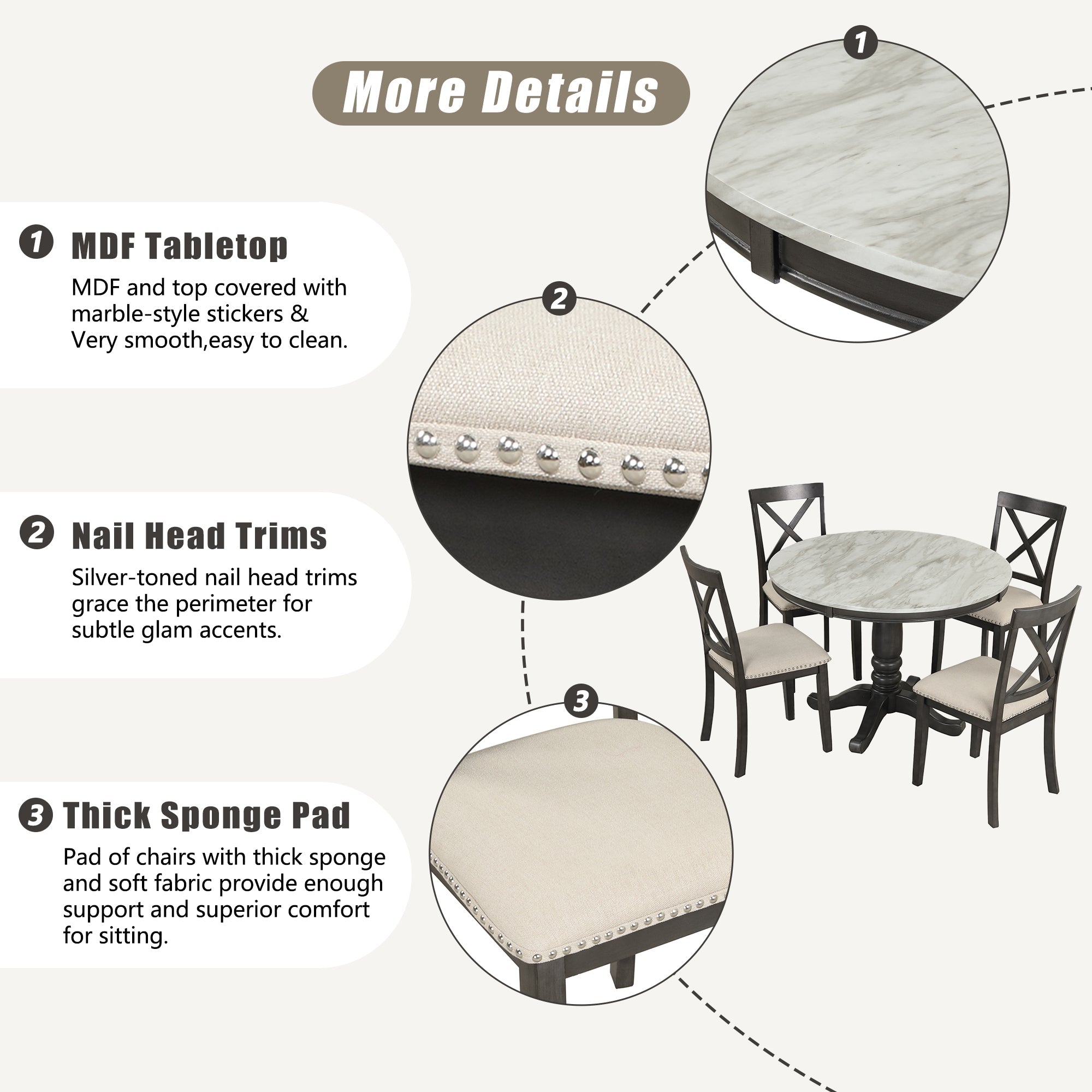 5-Piece Solid Wood Dining Table Chair Set