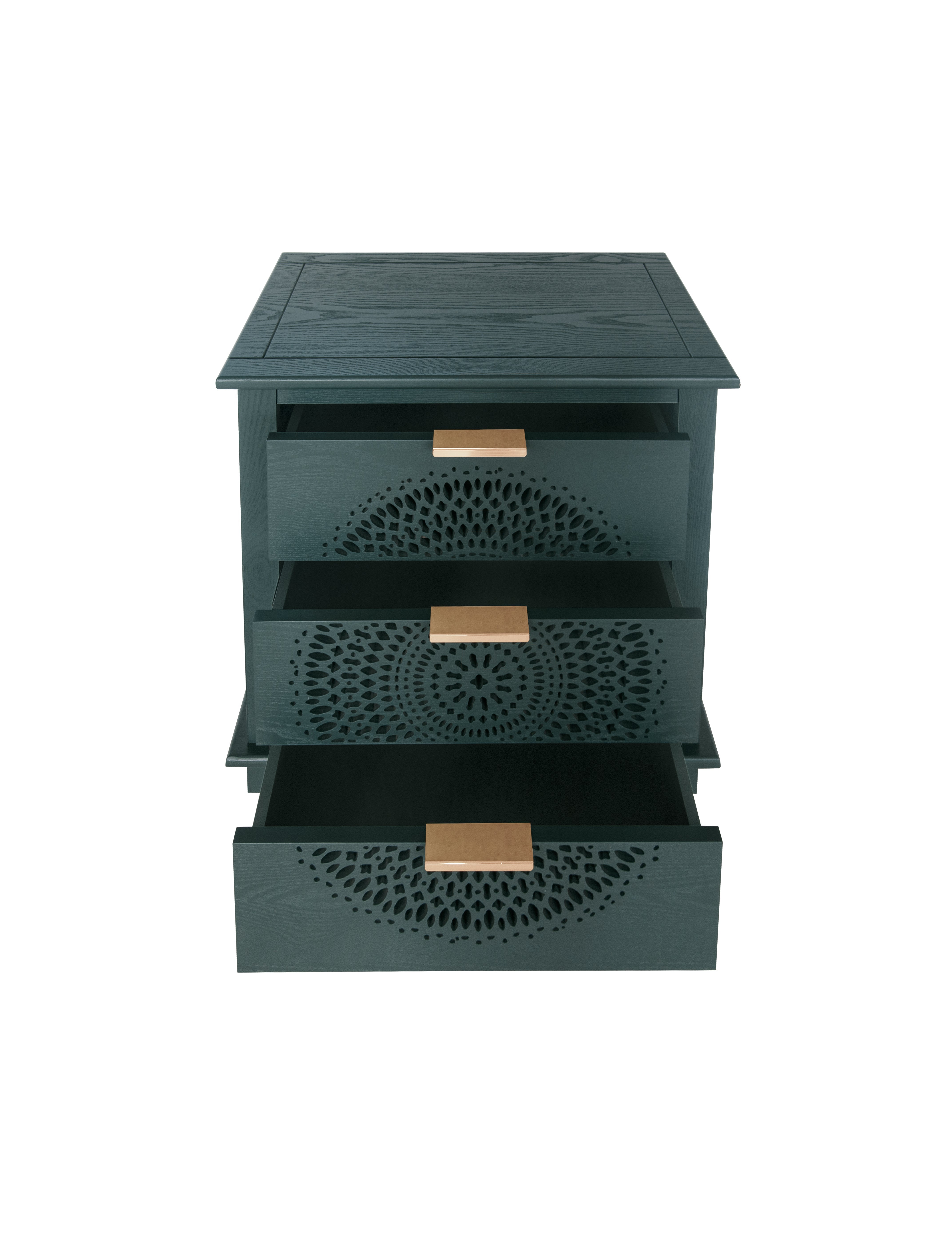 Hollow-Carved 3 Drawer Dresser with Metal Handles Storage