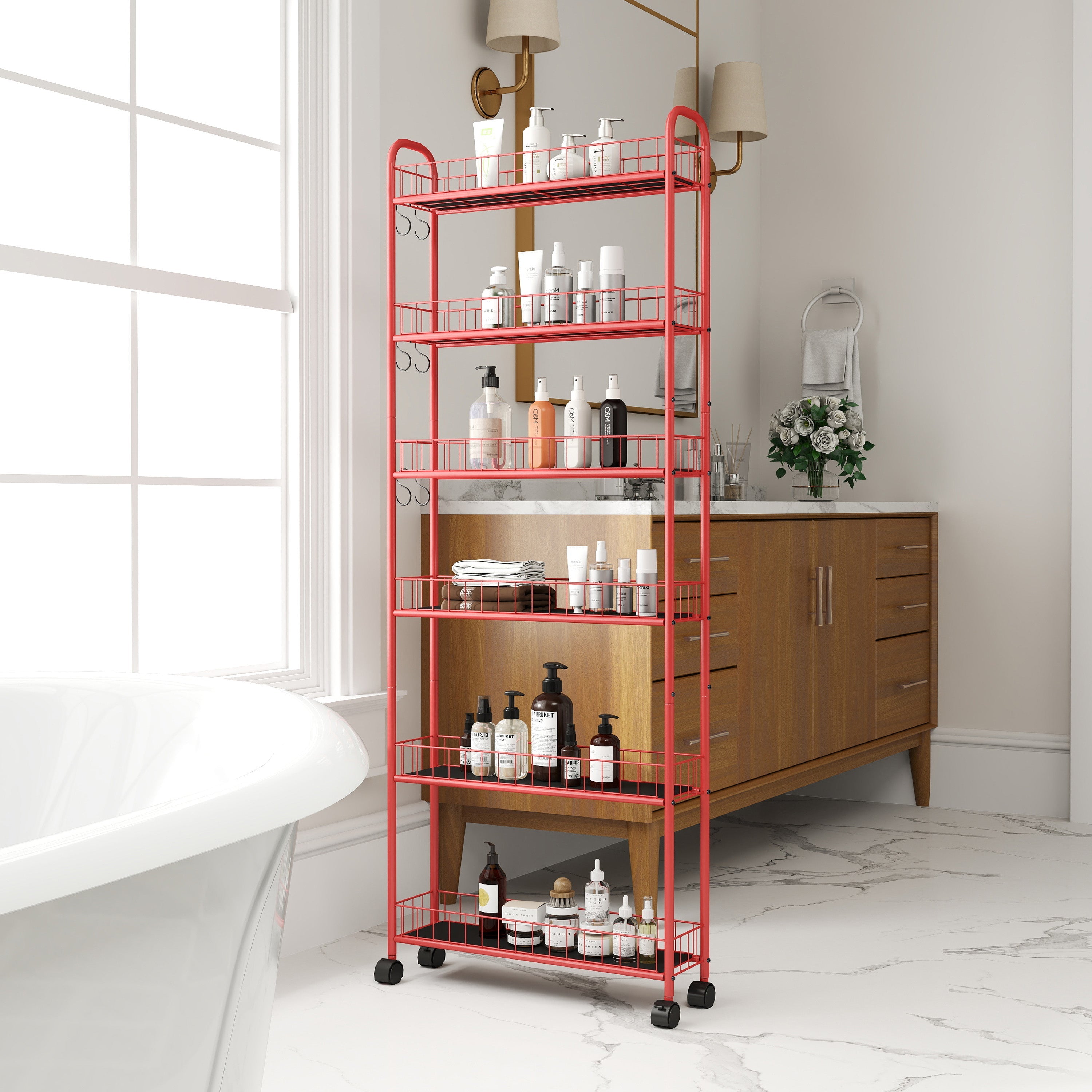 Red 6-Tier Rolling Storage Cart with Slim Design Wheels