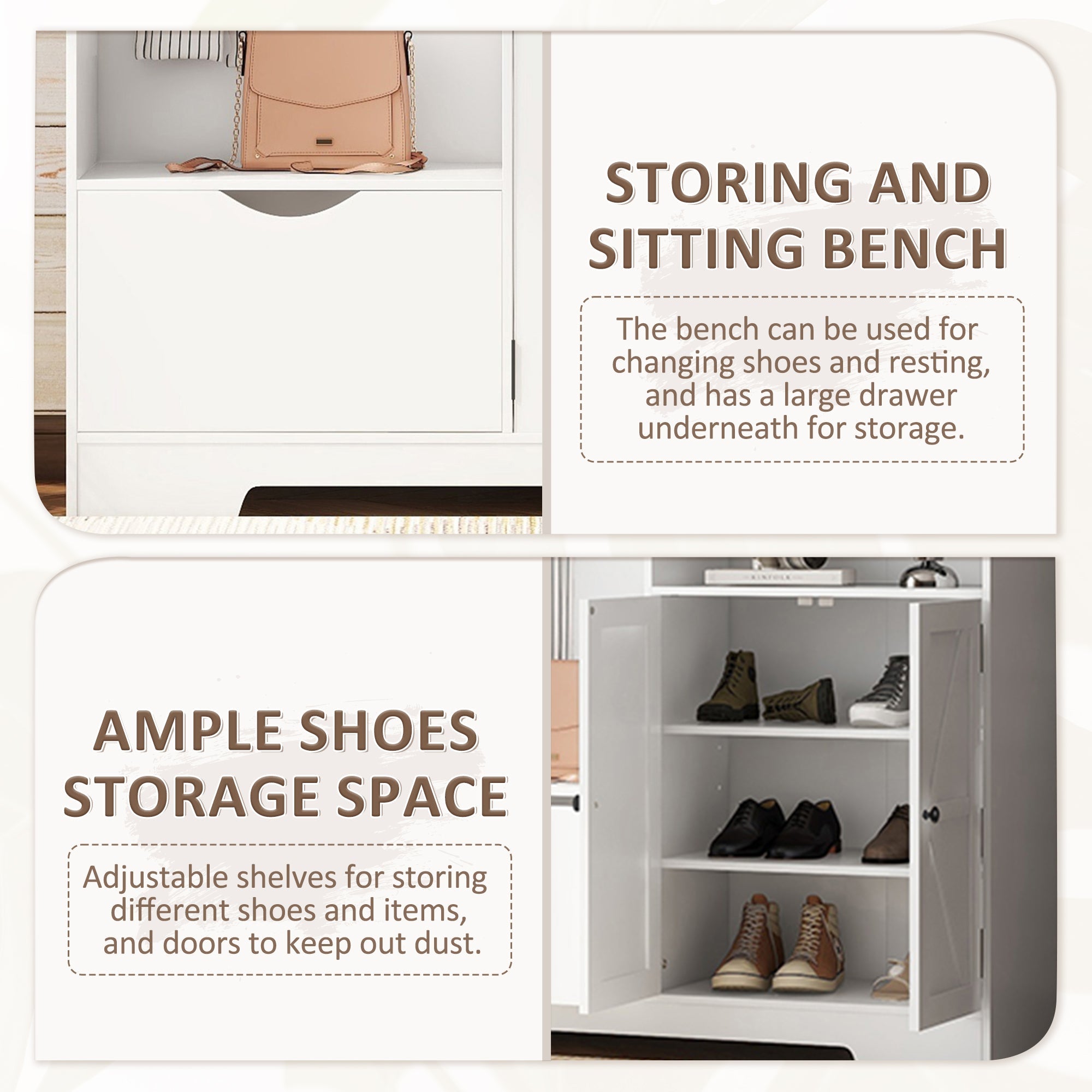 Modern Hall Tree with Storage Bench Shoe Cabinet White