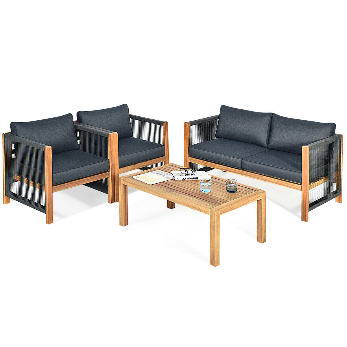 4-Piece Acacia Wood Outdoor Patio Furniture Set Cushions