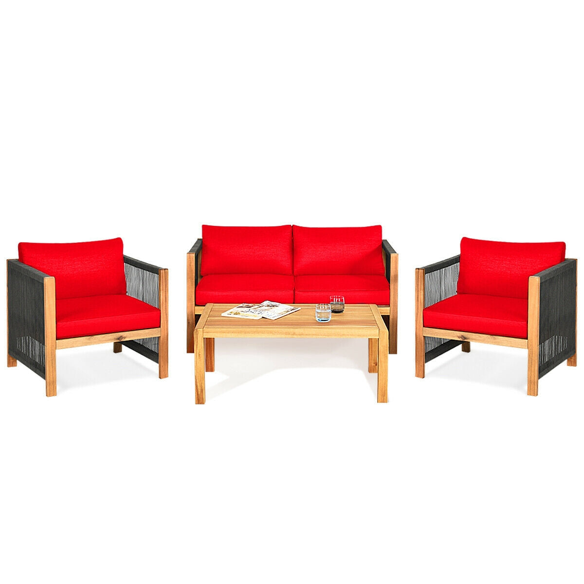 4-Piece Acacia Wood Outdoor Patio Furniture Set Cushions