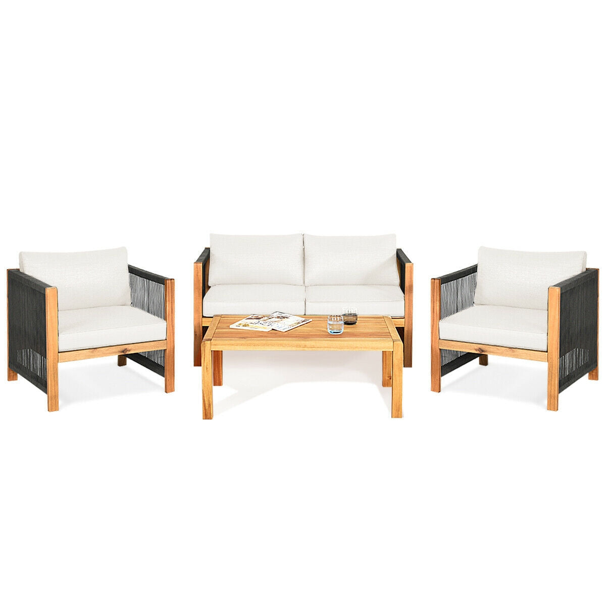 4-Piece Acacia Wood Outdoor Patio Furniture Set Cushions