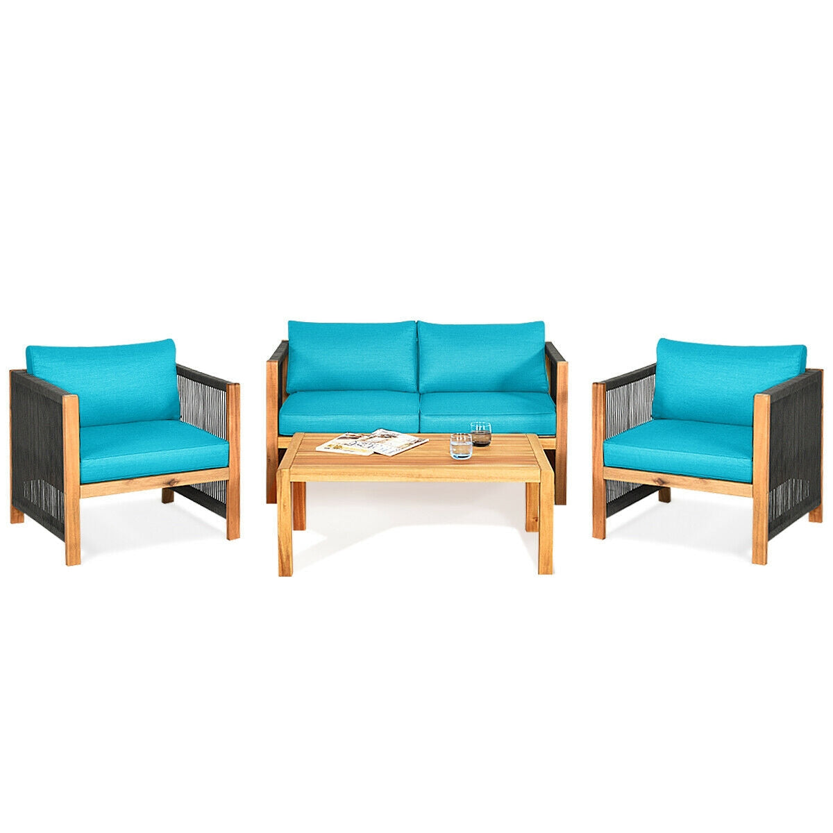4-Piece Acacia Wood Outdoor Patio Furniture Set Cushions