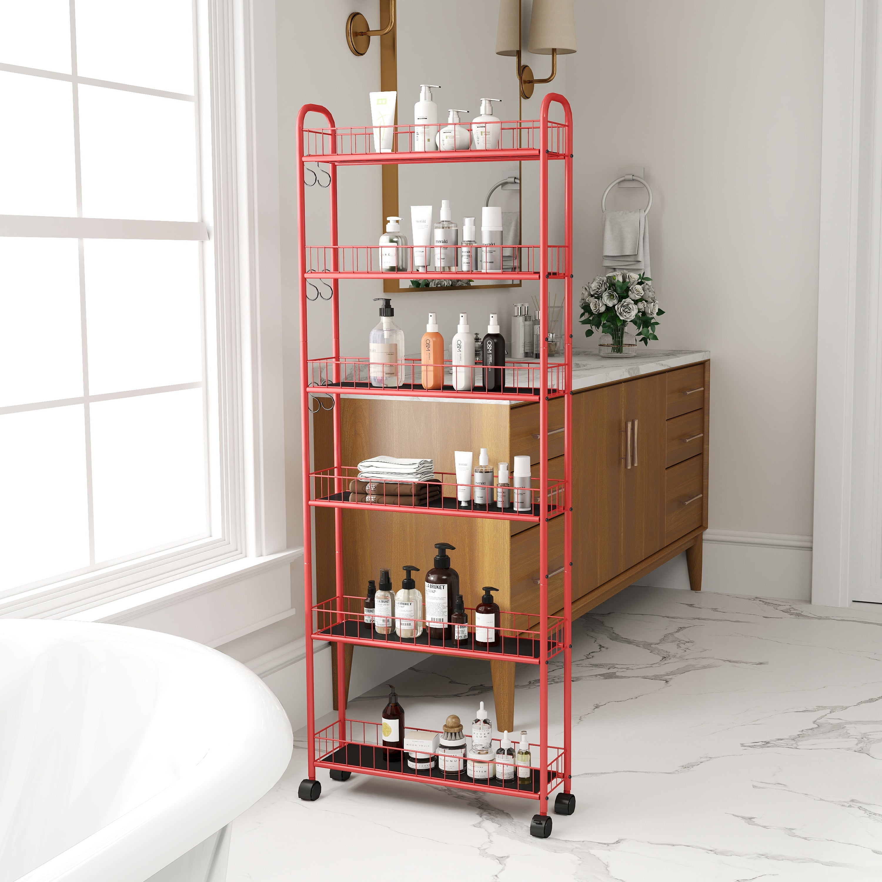 Red 6-Tier Rolling Storage Cart with Slim Design Wheels