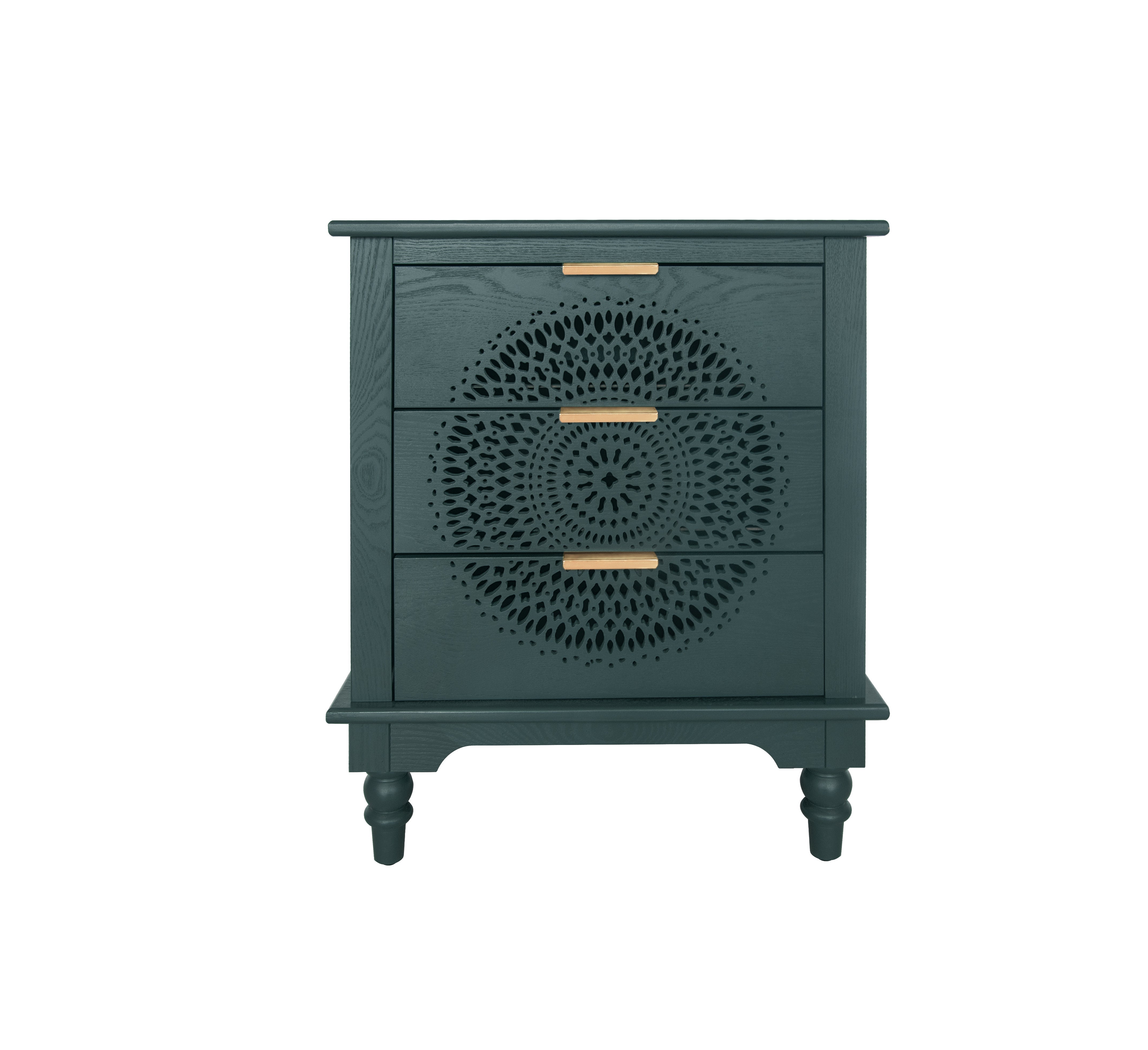 Hollow-Carved 3 Drawer Dresser with Metal Handles Storage