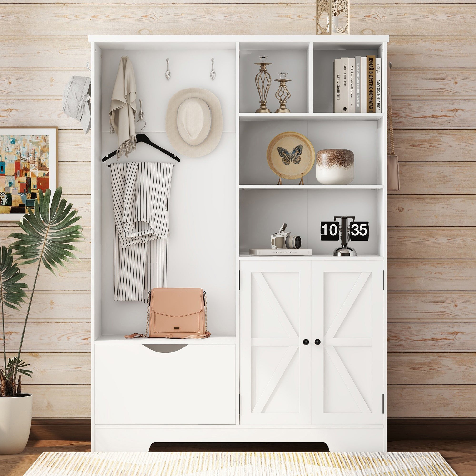 Modern Hall Tree with Storage Bench Shoe Cabinet White