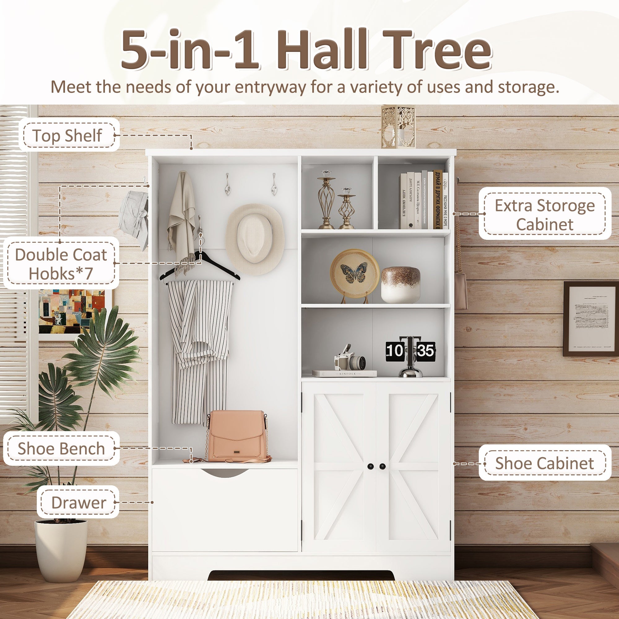 Modern Hall Tree with Storage Bench Shoe Cabinet White