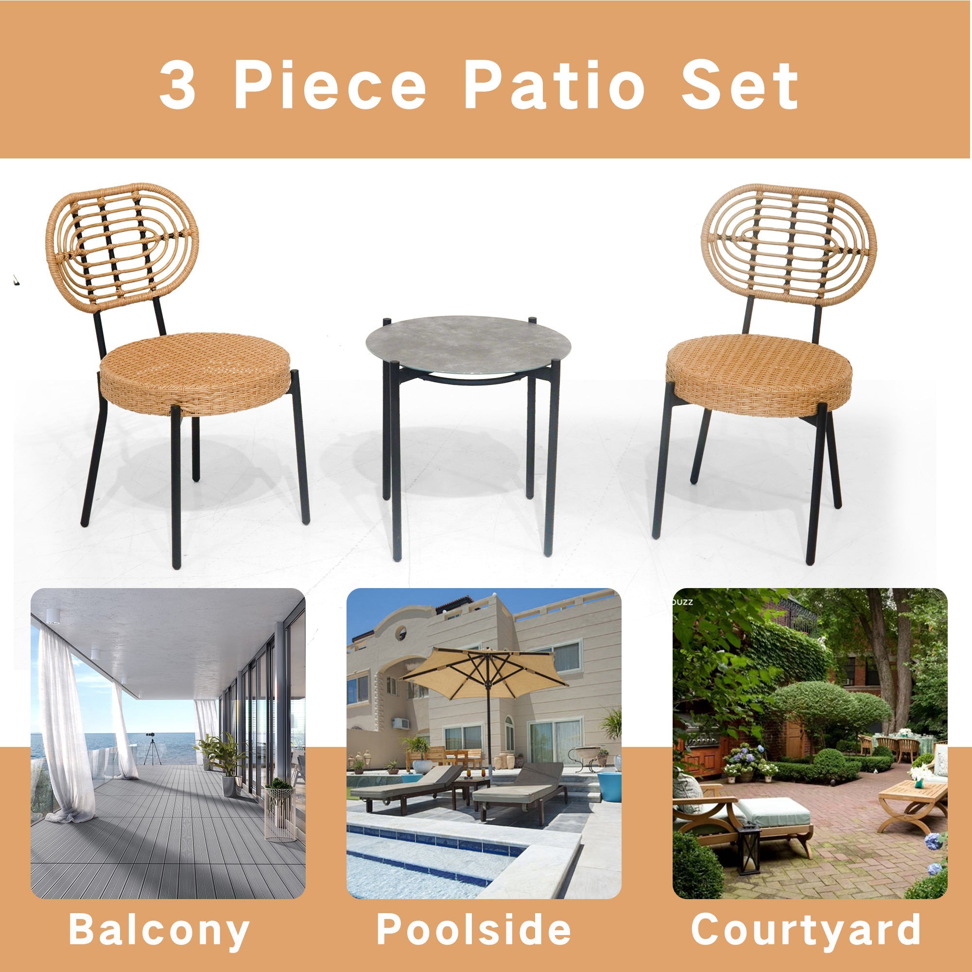 3-Piece Luxury Outdoor Wicker Patio Bistro Furniture Set