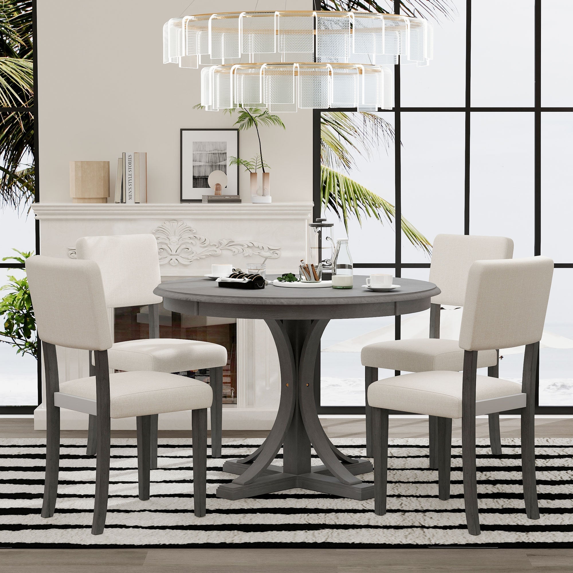 5-Piece Retro Round Dining Table Set Dark Gray
