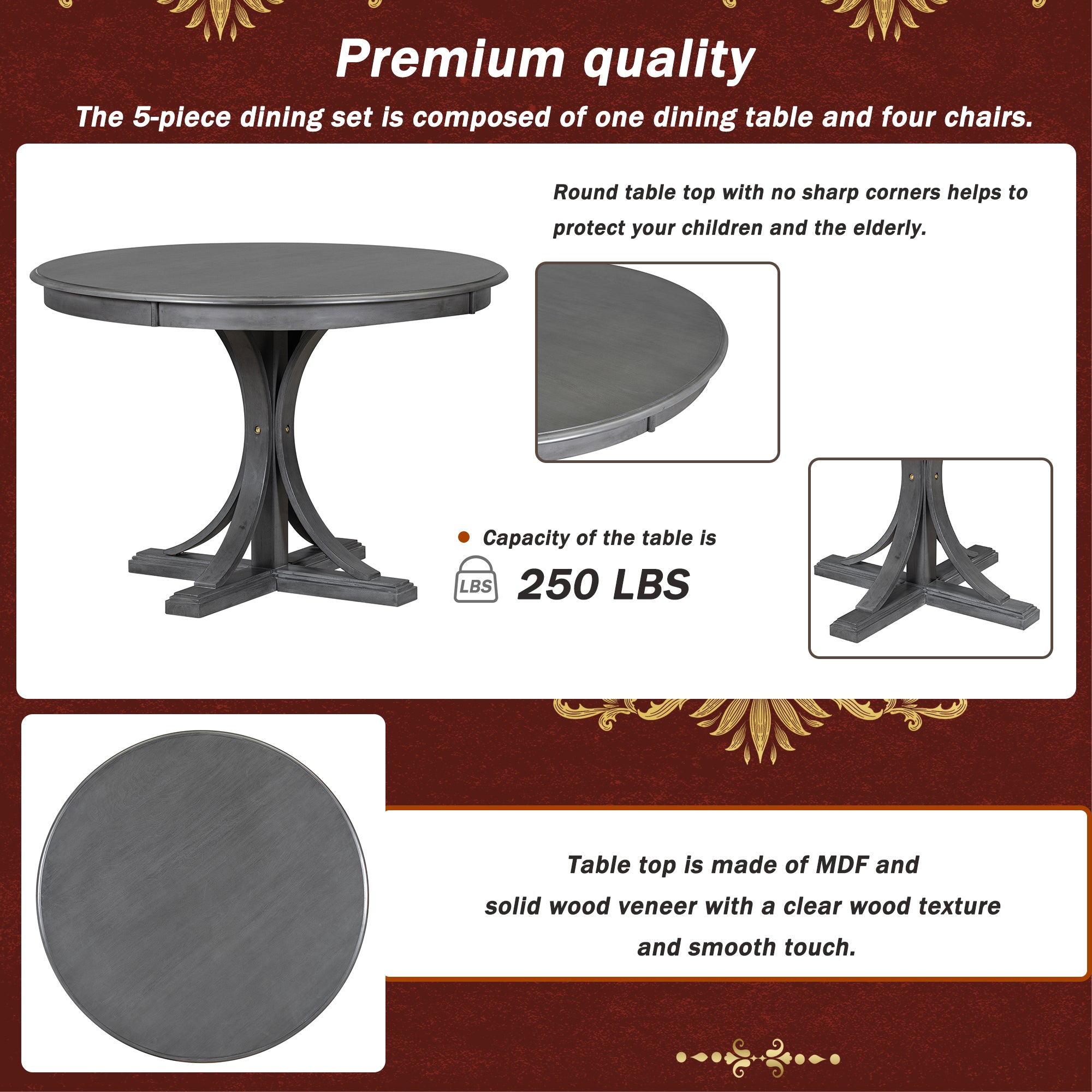5-Piece Retro Round Dining Table Set Dark Gray