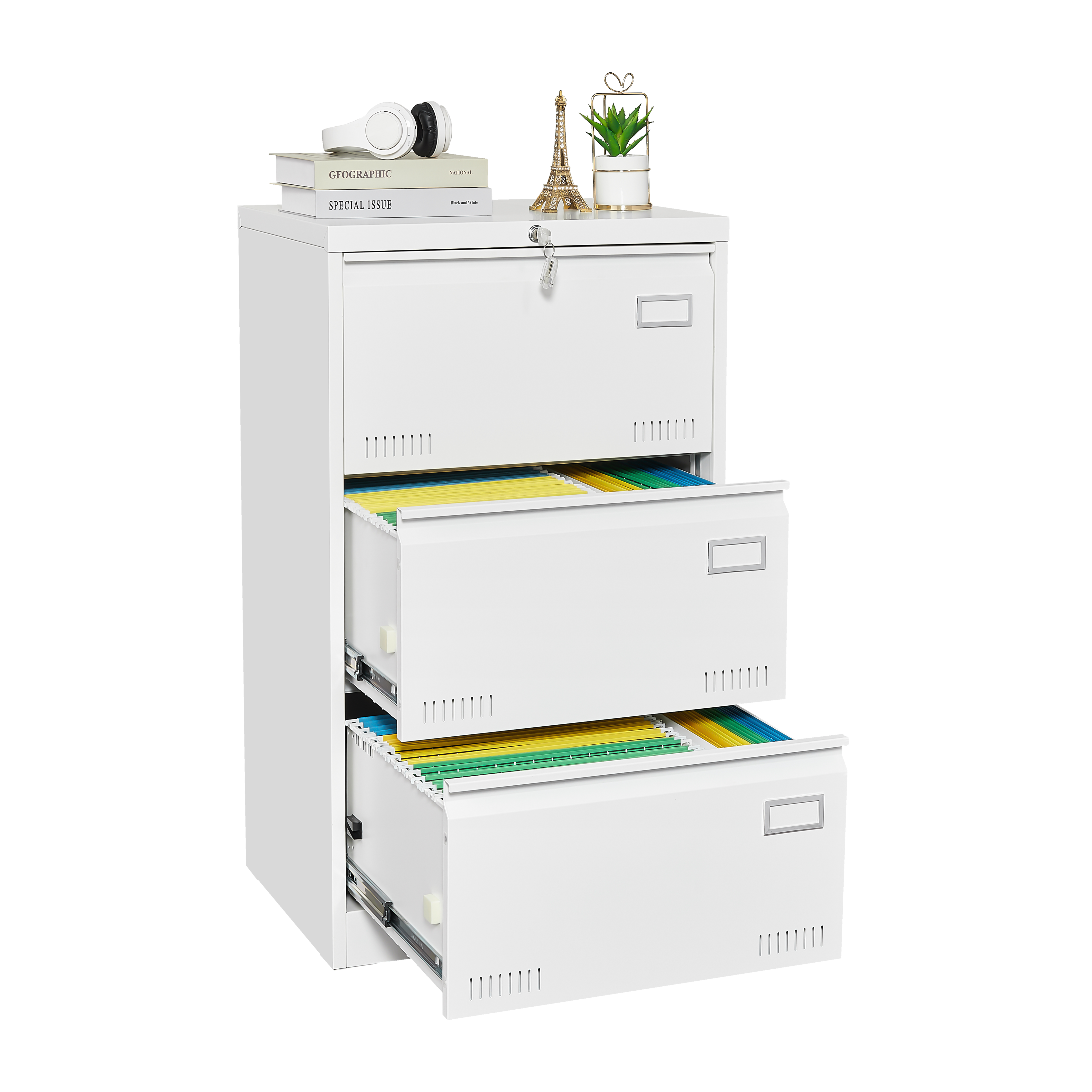 White 3 Drawer Lateral Filing Cabinet with Lock