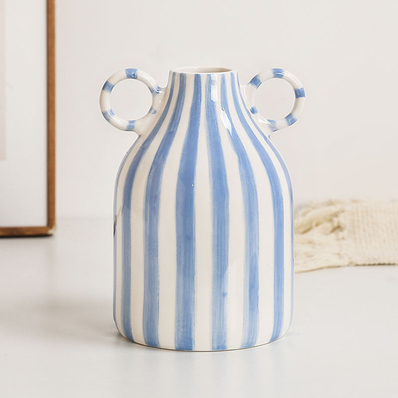 Hand Drawn Striped Ceramic Vase Large Belly Floral Decor