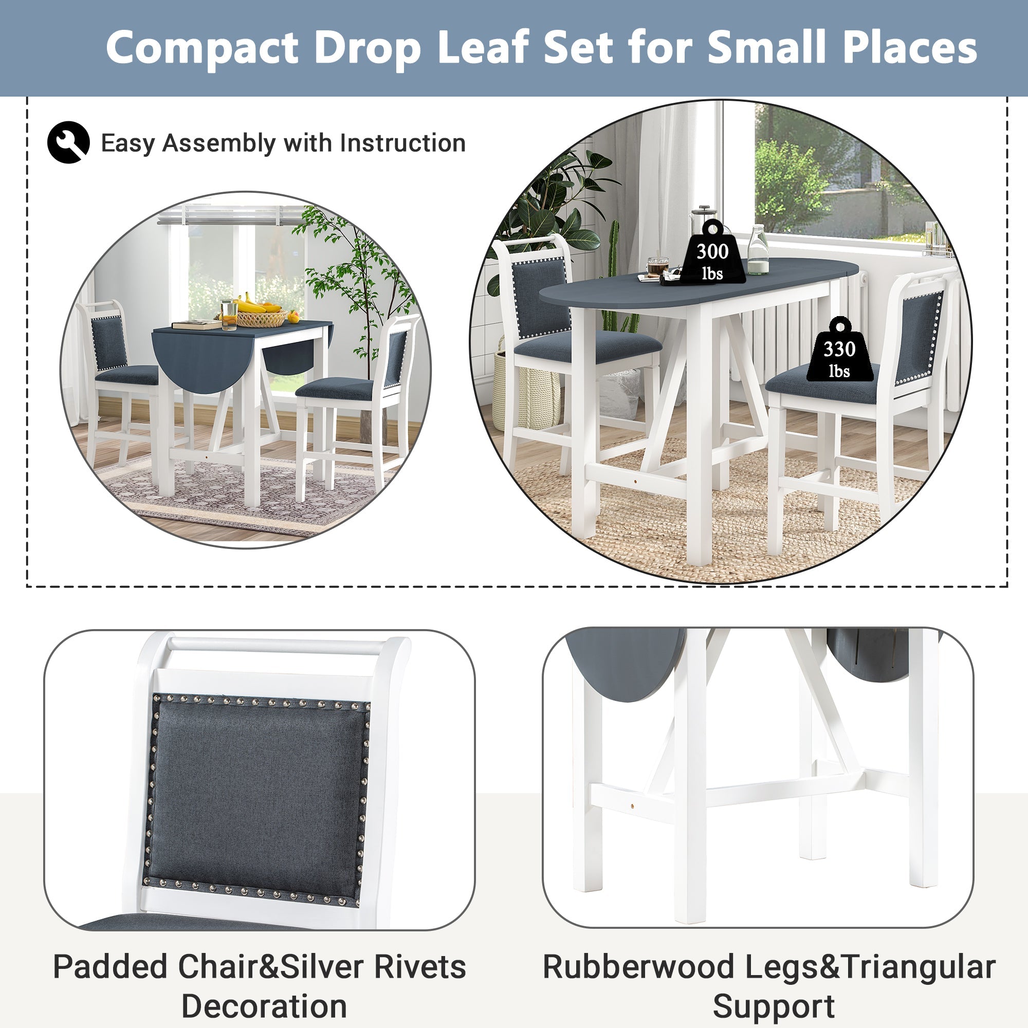 3-Piece Drop Leaf Dining Table Set White Gray