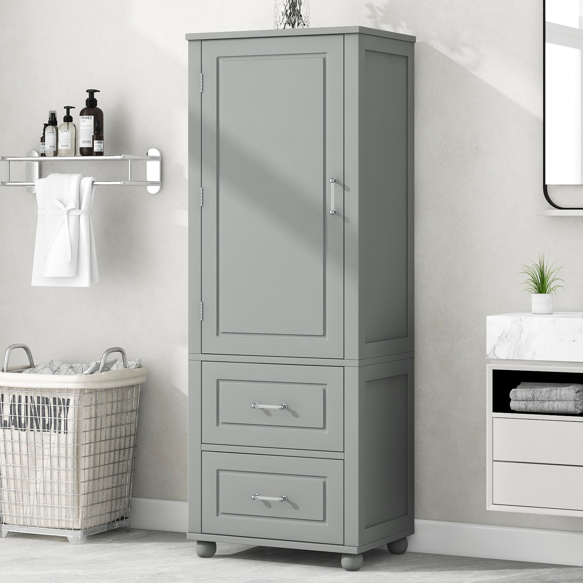 Tall Grey Bathroom Storage Cabinet with Adjustable Shelves Drawers