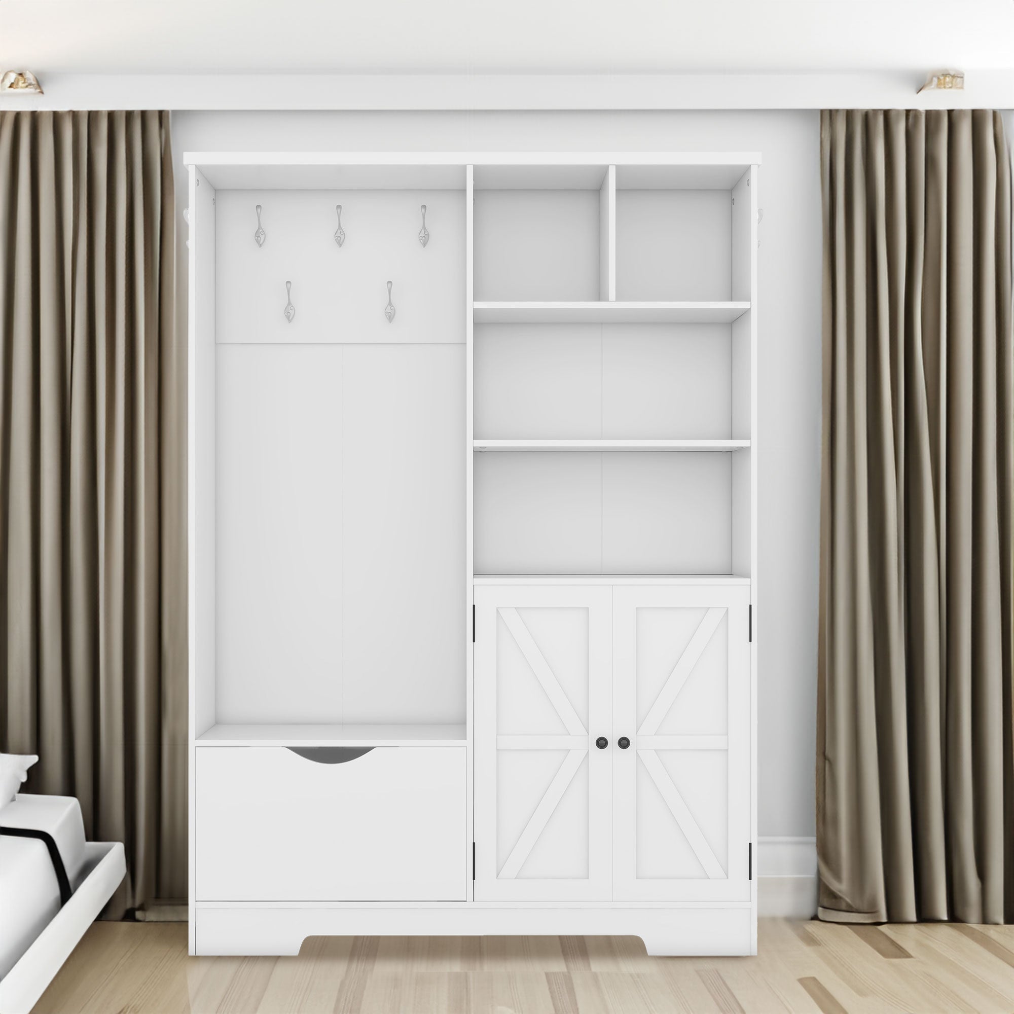 Modern Hall Tree with Storage Bench Shoe Cabinet White