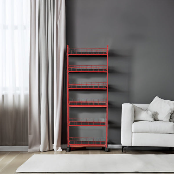 Red 6-Tier Rolling Storage Cart with Slim Design Wheels