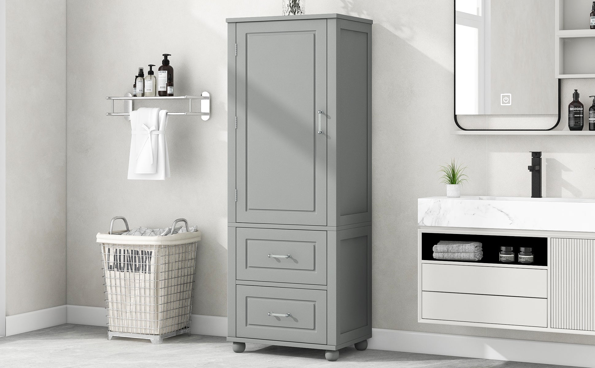 Tall Grey Bathroom Storage Cabinet with Adjustable Shelves Drawers