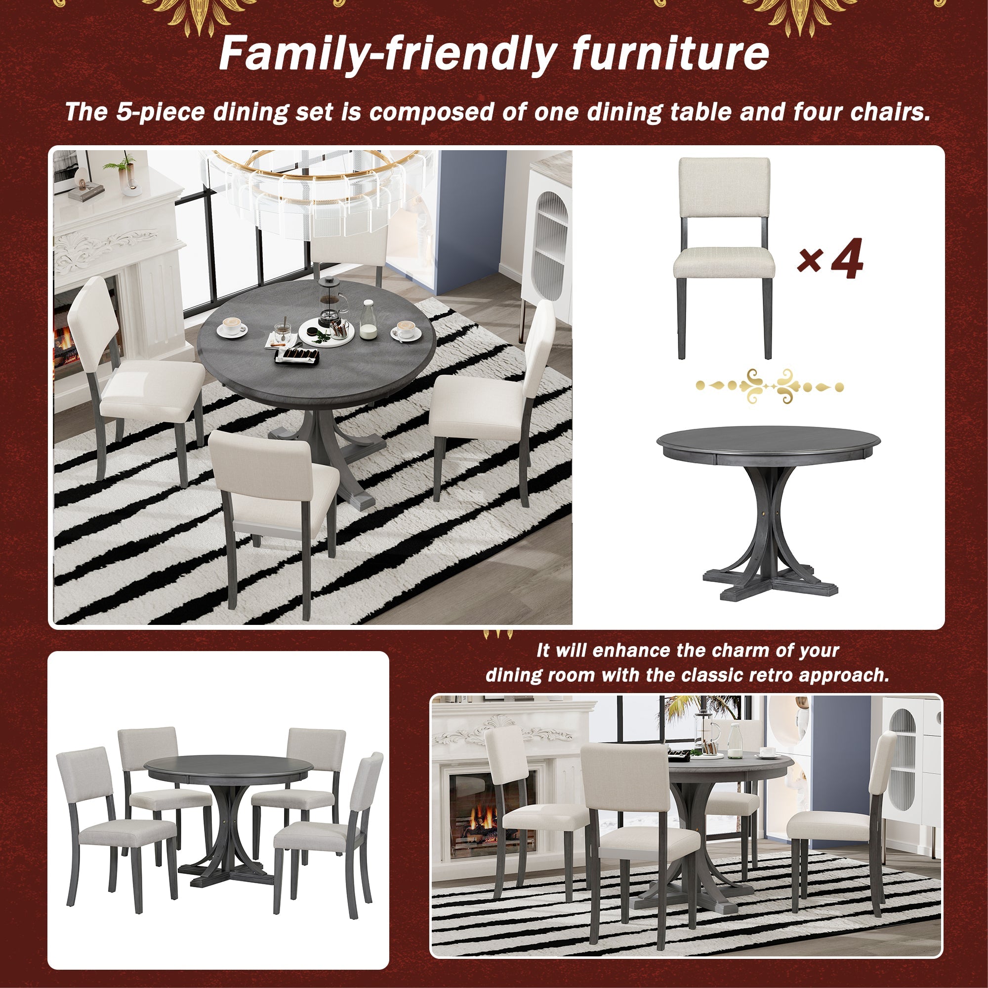 5-Piece Retro Round Dining Table Set Dark Gray