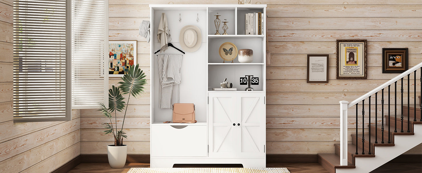 Modern Hall Tree with Storage Bench Shoe Cabinet White