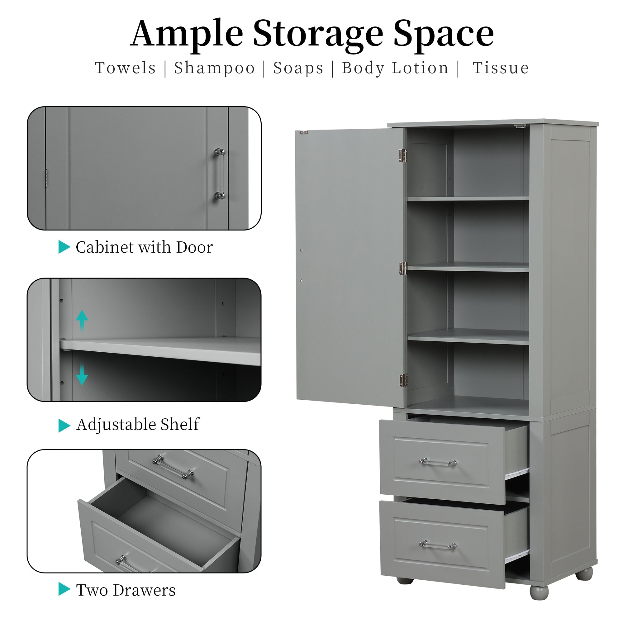 Tall Grey Bathroom Storage Cabinet with Adjustable Shelves Drawers