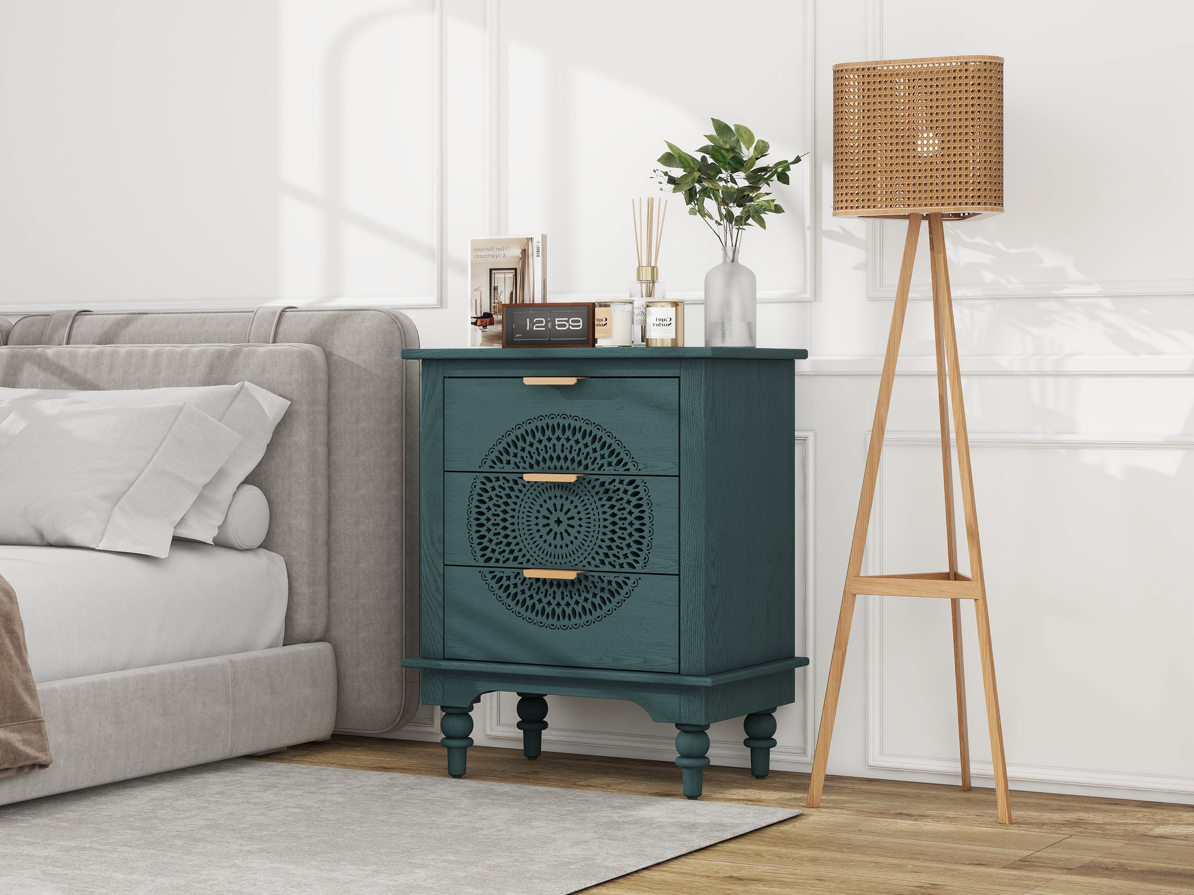 Hollow-Carved 3 Drawer Dresser with Metal Handles Storage