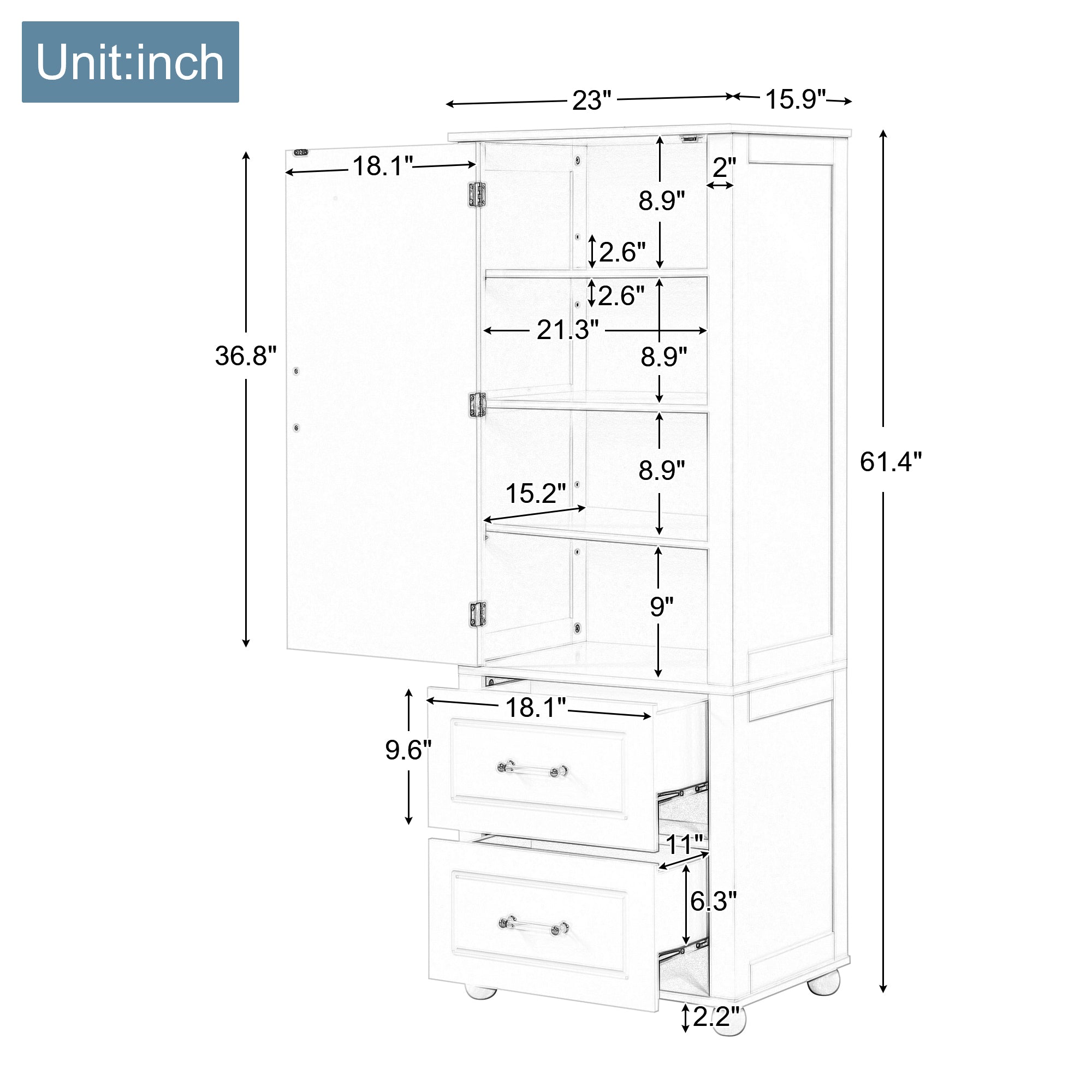 Tall Grey Bathroom Storage Cabinet with Adjustable Shelves Drawers