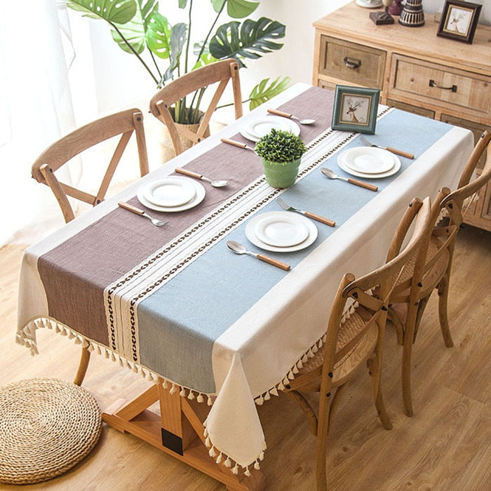 Plaid Linen Tablecloth with Tassels Waterproof Dining Cover