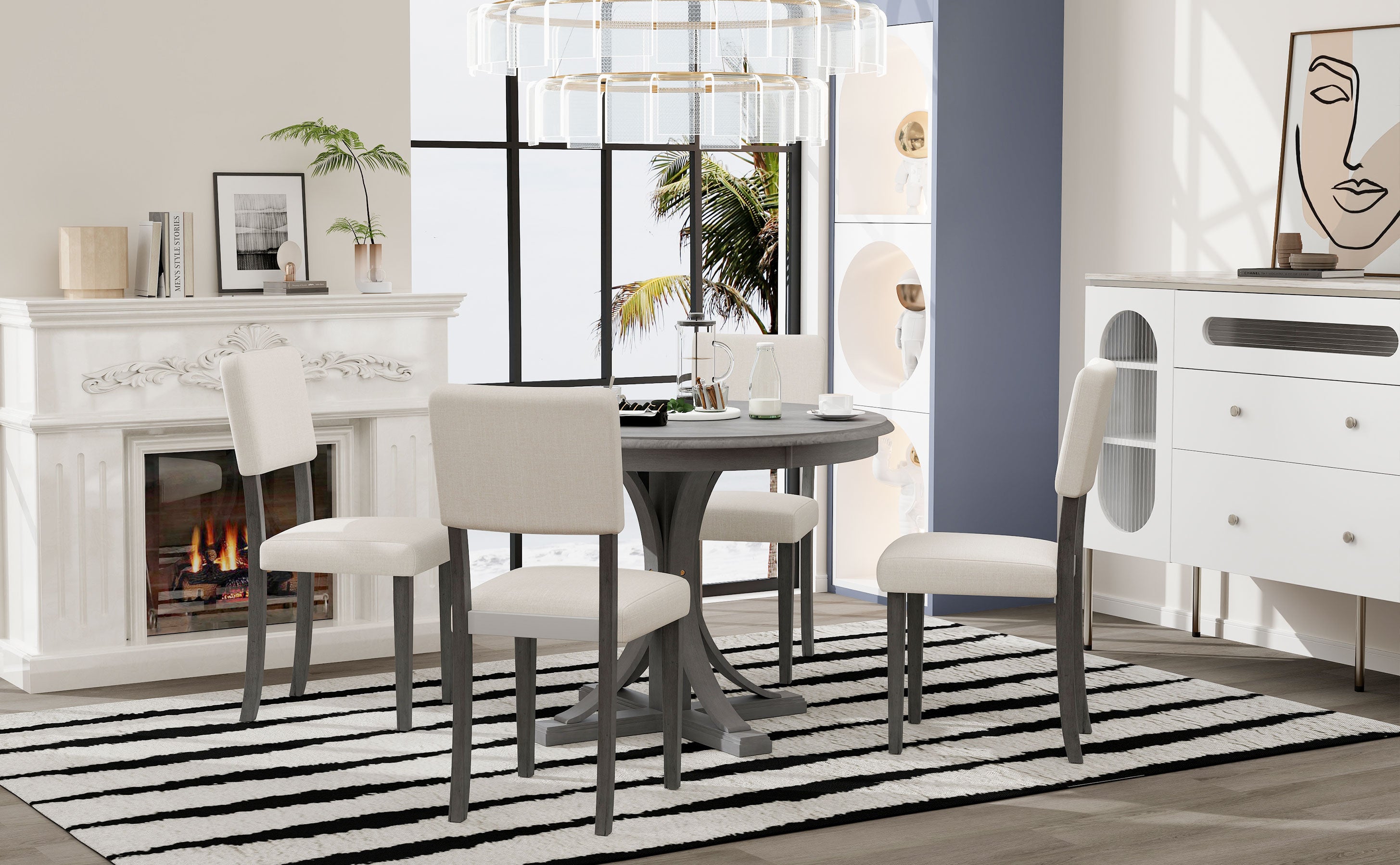 5-Piece Retro Round Dining Table Set Dark Gray