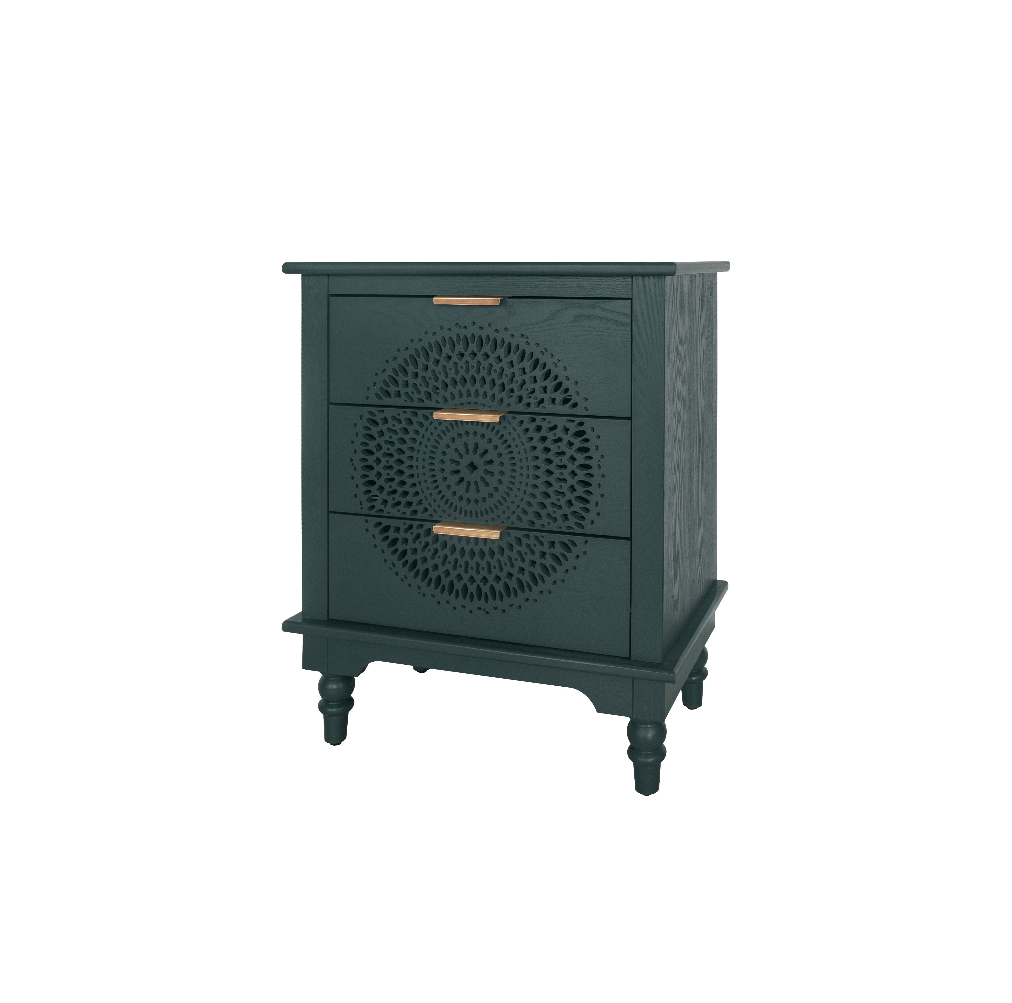 Hollow-Carved 3 Drawer Dresser with Metal Handles Storage