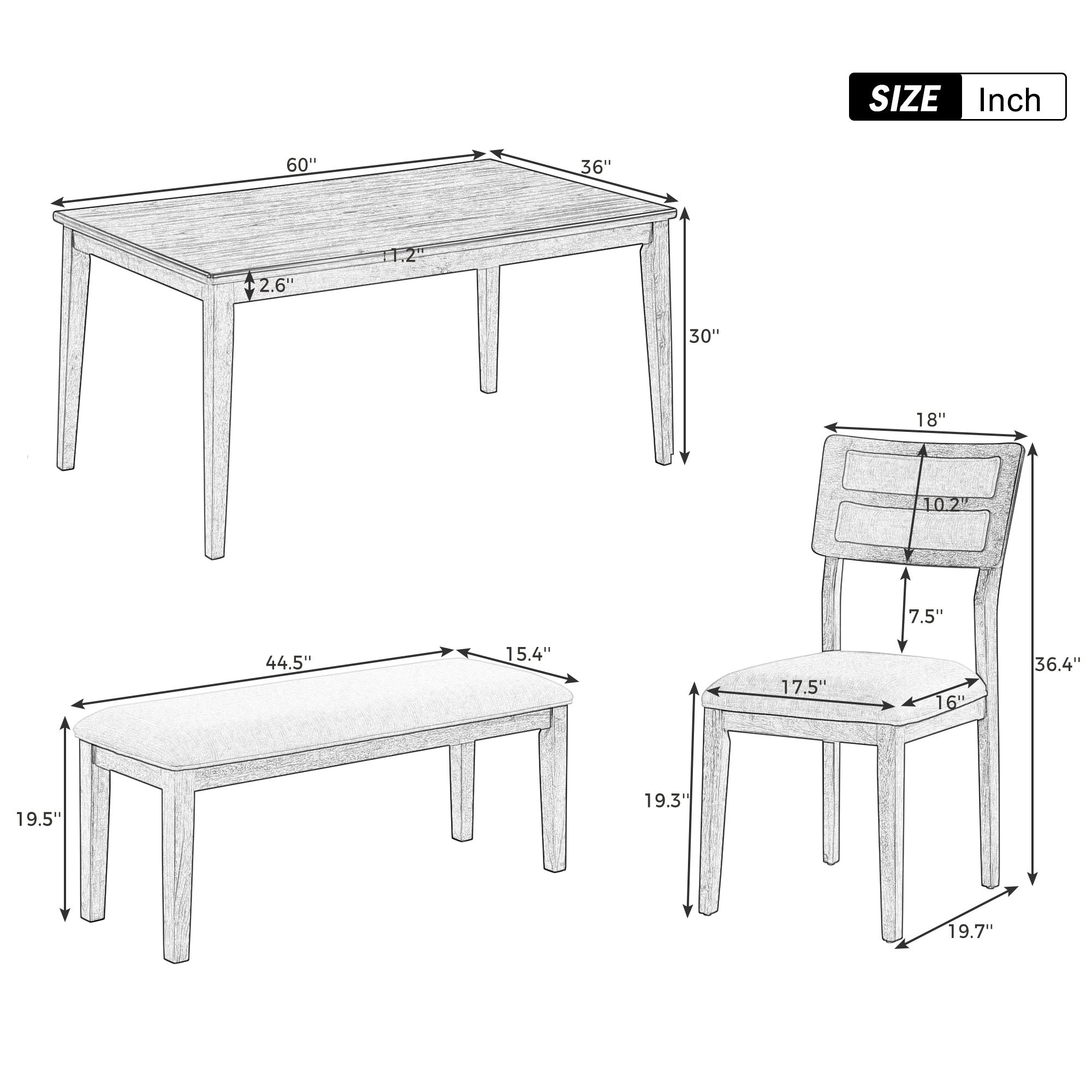 6-Piece Traditional Dining Set Table Chairs Bench