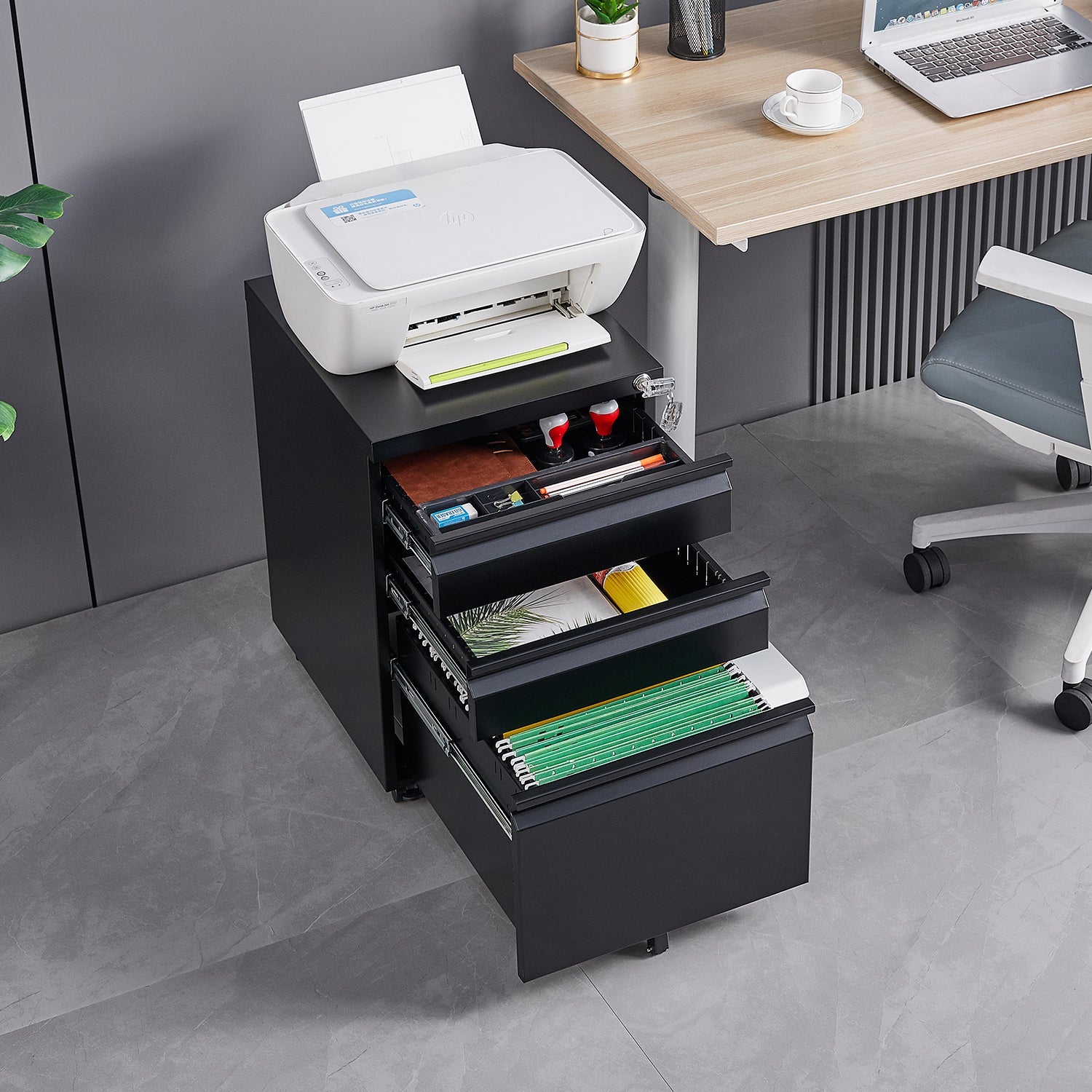 Three Drawer Mobile Metal Filing Cabinet with Lock Wheels