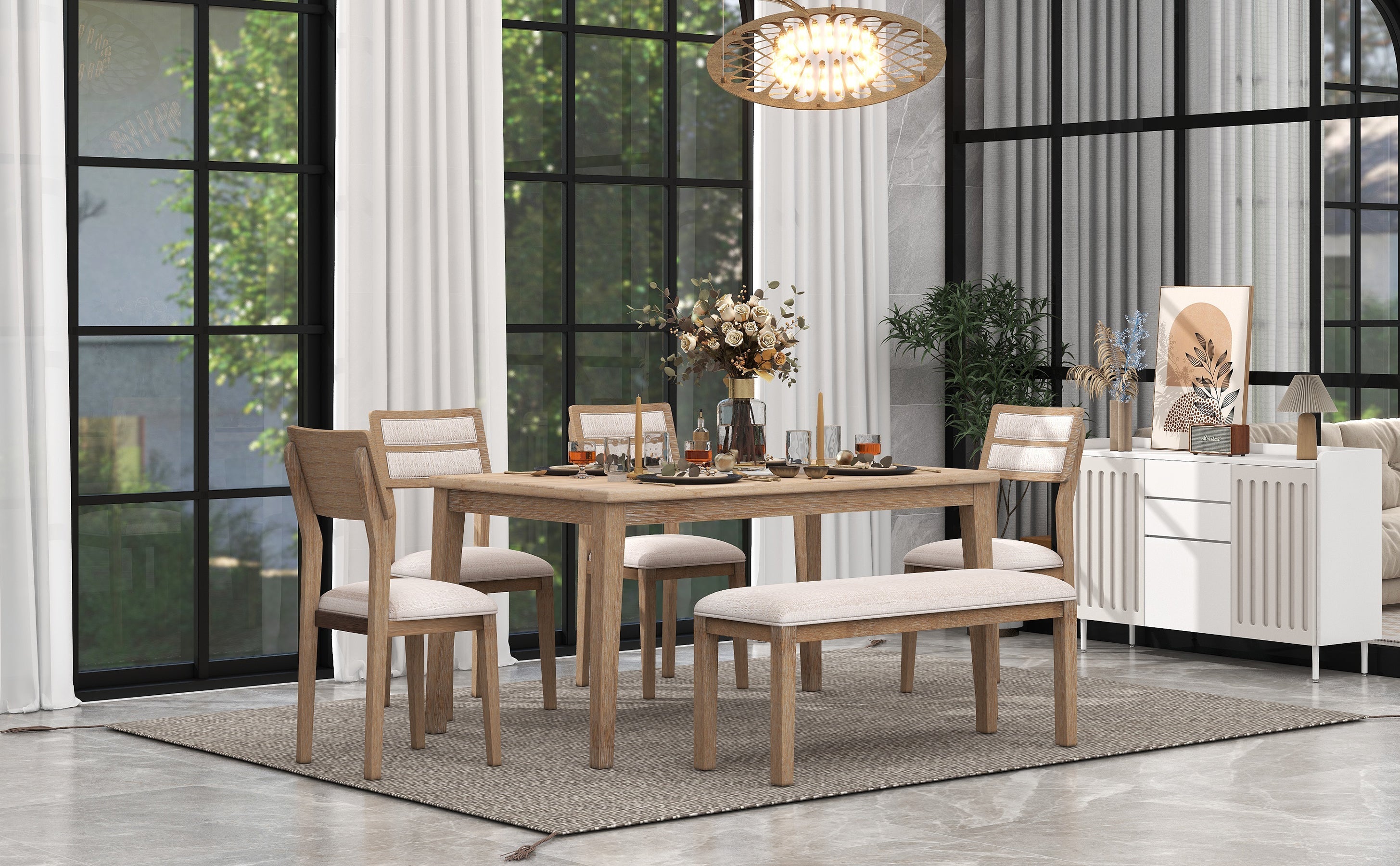 6-Piece Traditional Dining Set Table Chairs Bench