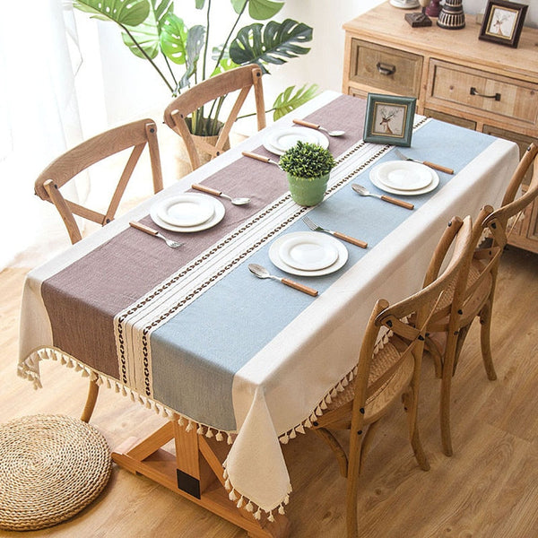 Plaid Linen Tablecloth with Tassels Waterproof Dining Cover