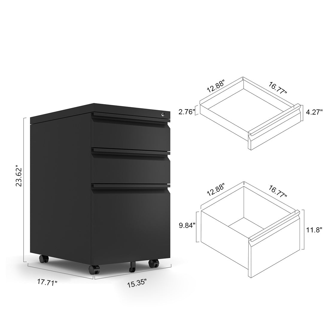 Three Drawer Mobile Metal Filing Cabinet with Lock Wheels
