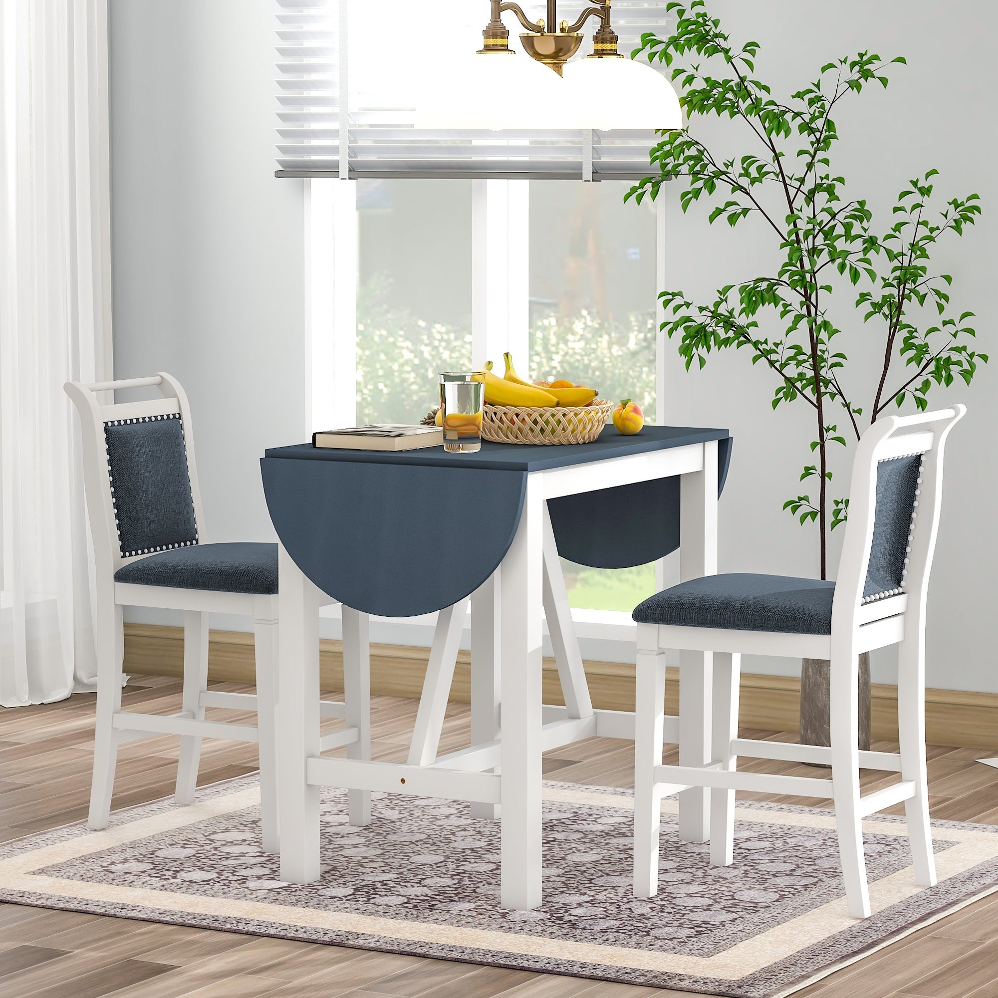 3-Piece Drop Leaf Dining Table Set White Gray
