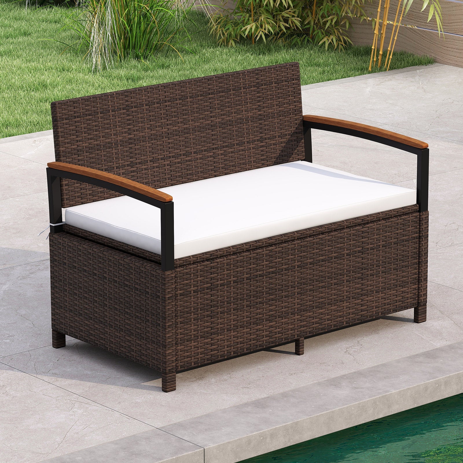 Outdoor Storage Bench Deck Box with Cushion White