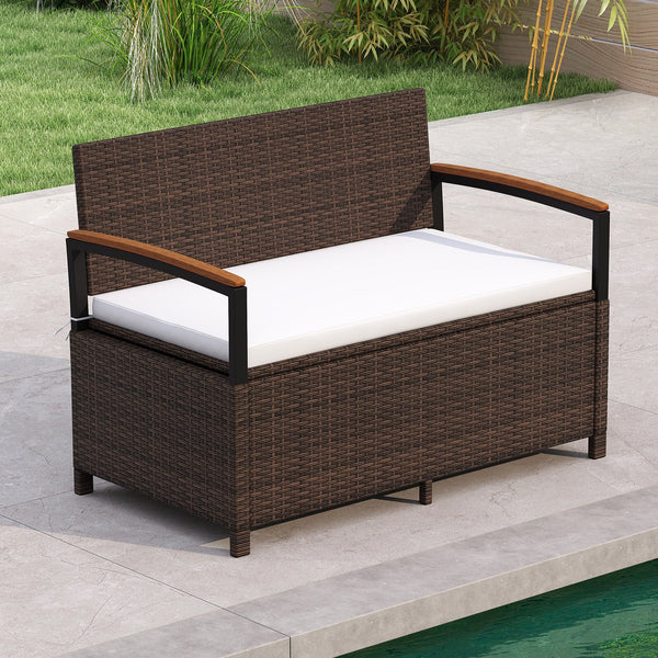 Outdoor Storage Bench Deck Box with Cushion White