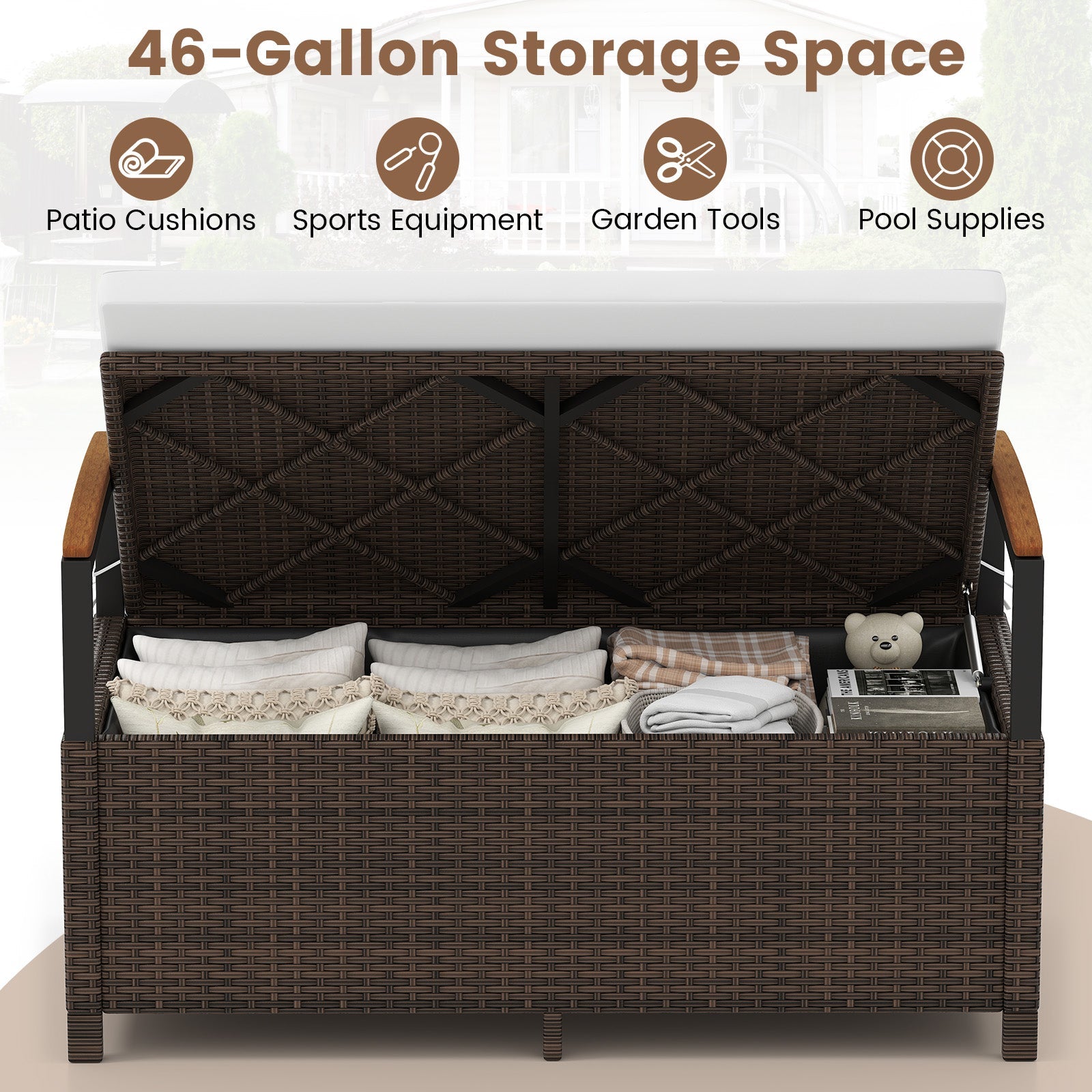 Outdoor Storage Bench Deck Box with Cushion White