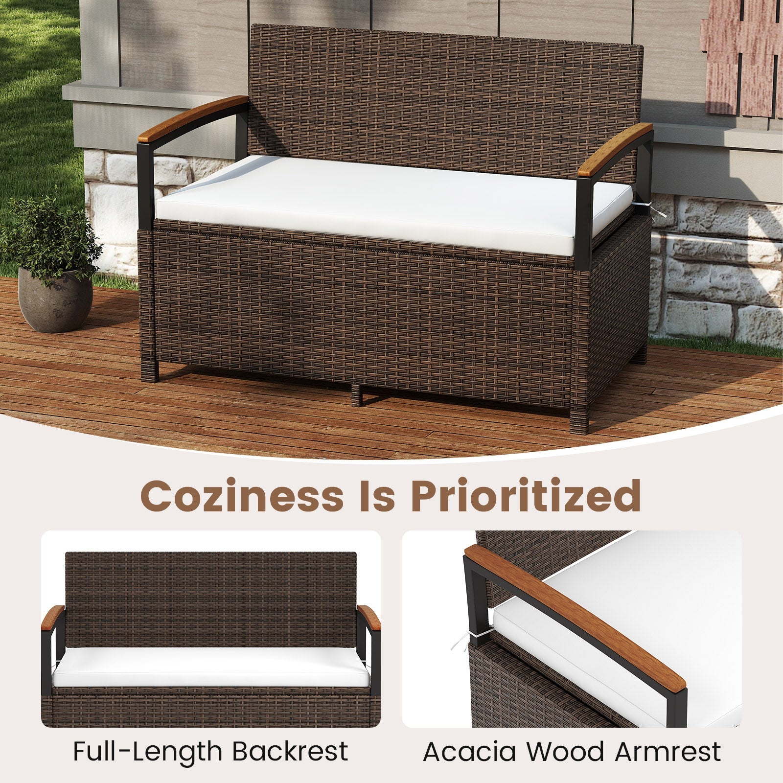 Outdoor Storage Bench Deck Box with Cushion White
