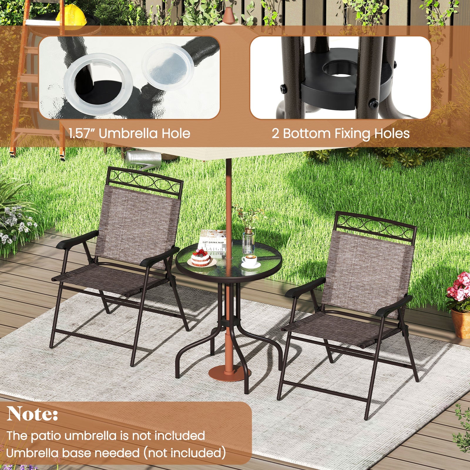 3-Piece Outdoor Bistro Dining Set with Umbrella Hole