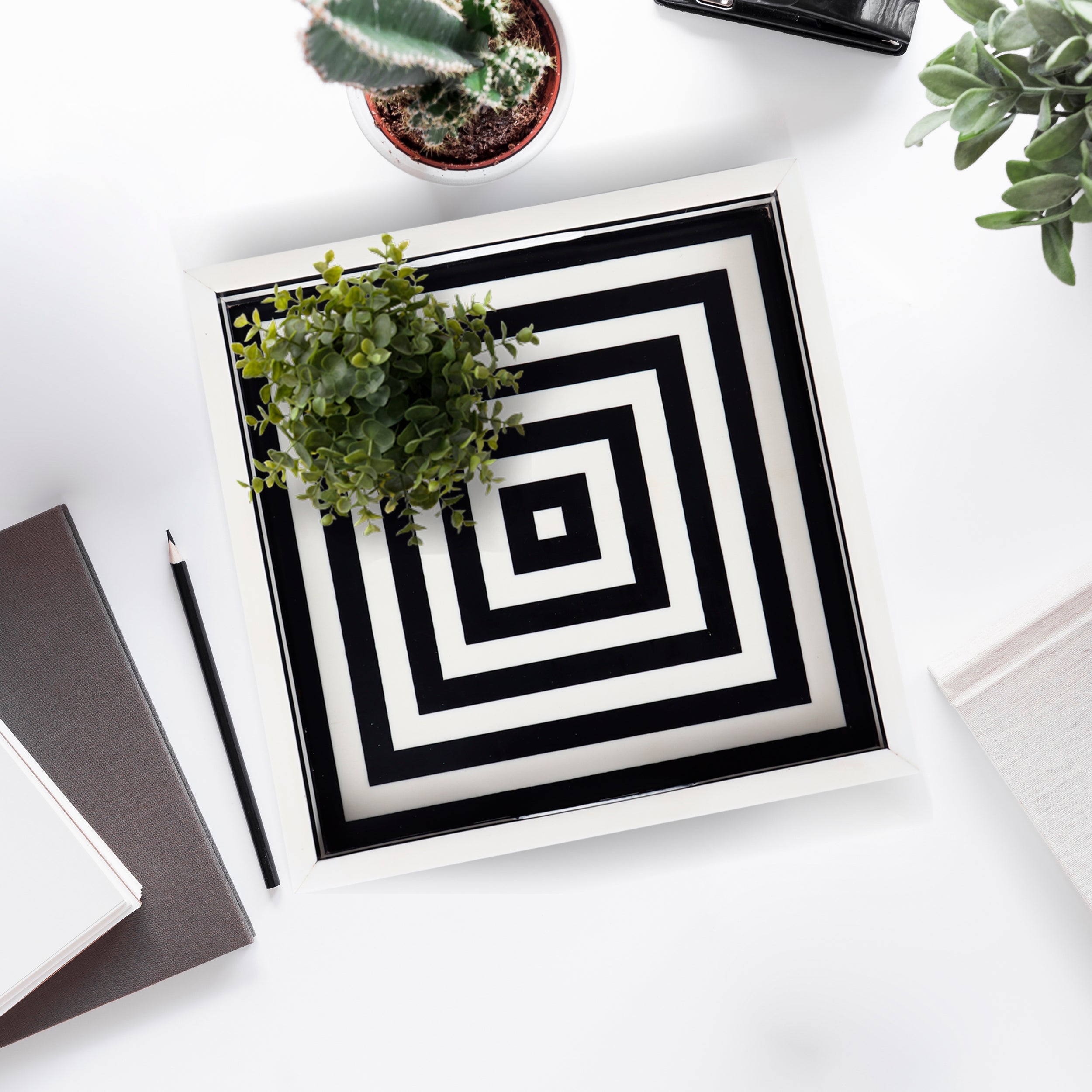 Black White Concentric Tray for Coffee Table Ottoman Decor