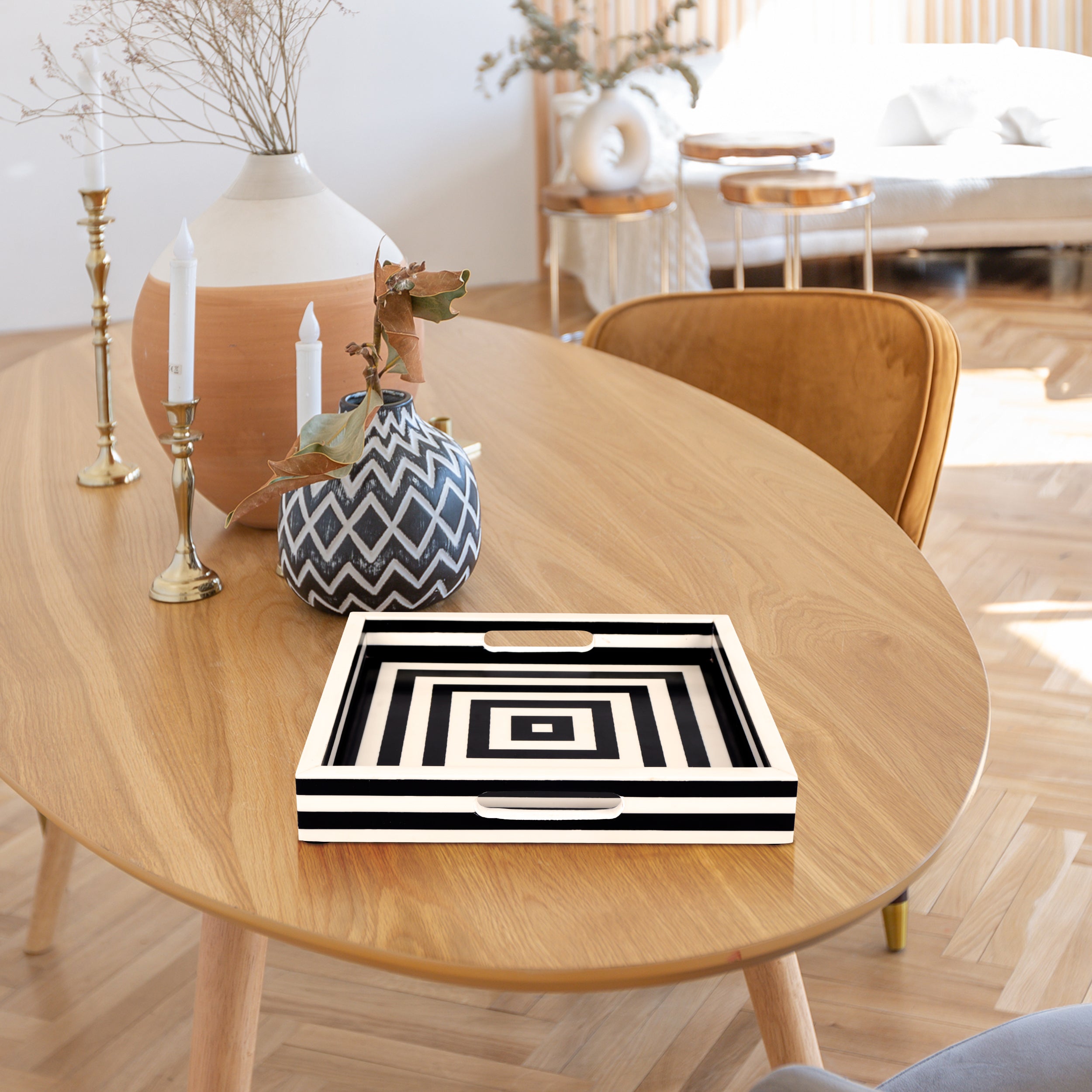Black White Concentric Tray for Coffee Table Ottoman Decor
