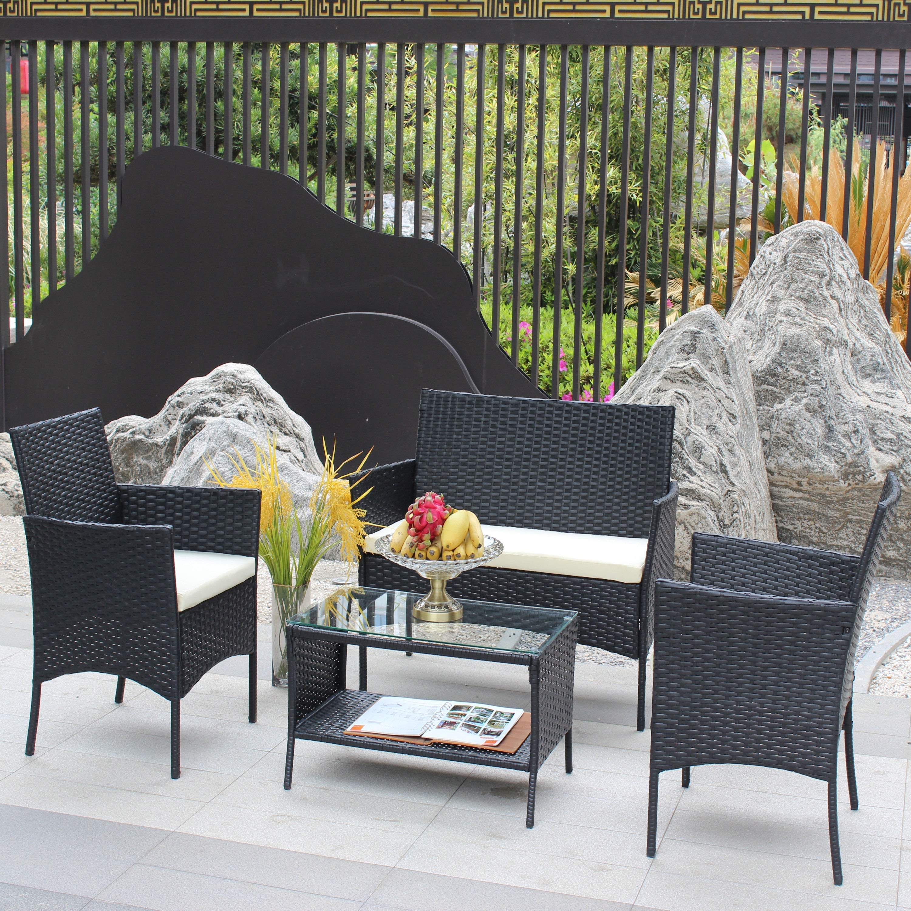 4-Piece Rattan Patio Furniture Set with Cushioned Wicker Sofa