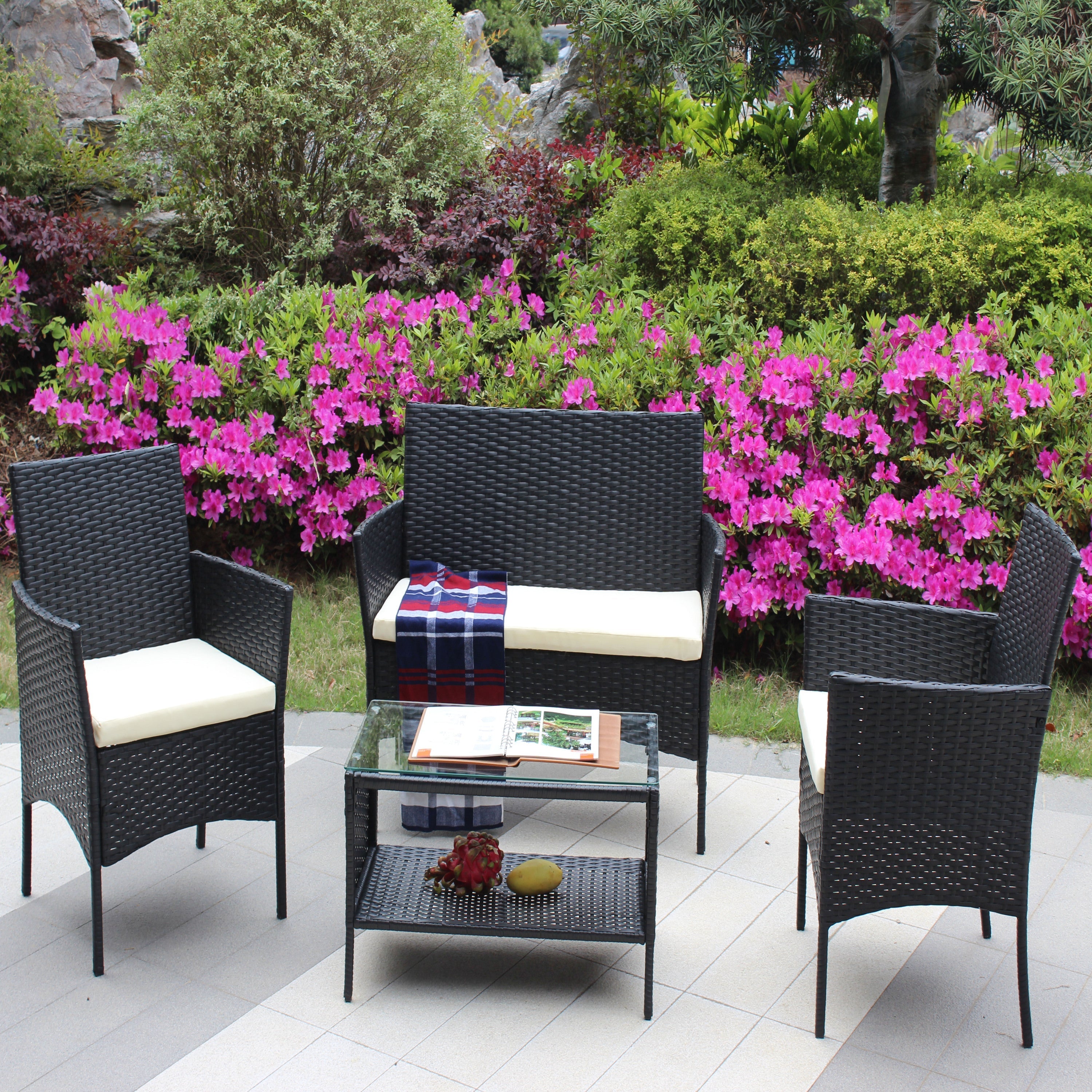 4-Piece Rattan Patio Furniture Set with Cushioned Wicker Sofa