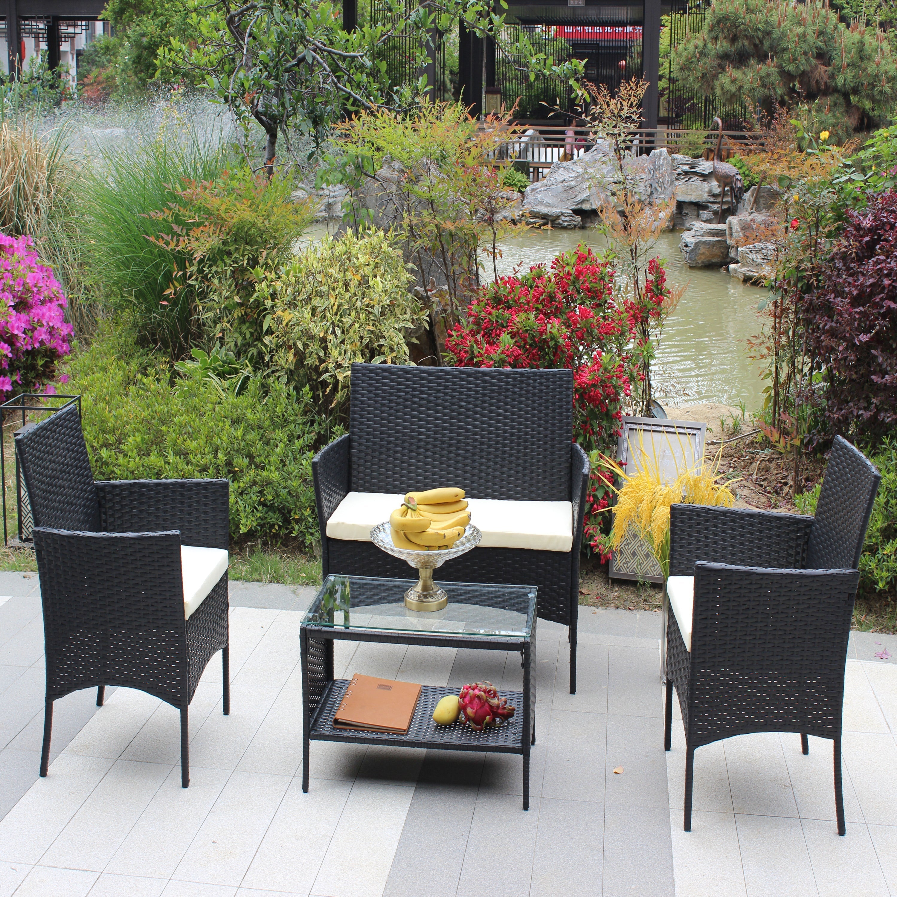4-Piece Rattan Patio Furniture Set with Cushioned Wicker Sofa