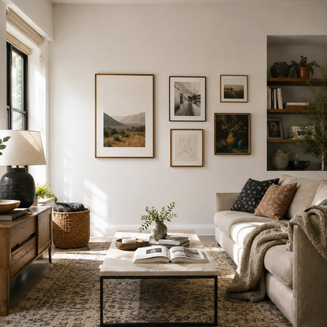 Cozy living room with a beige sofa, coffee table, and wall art.