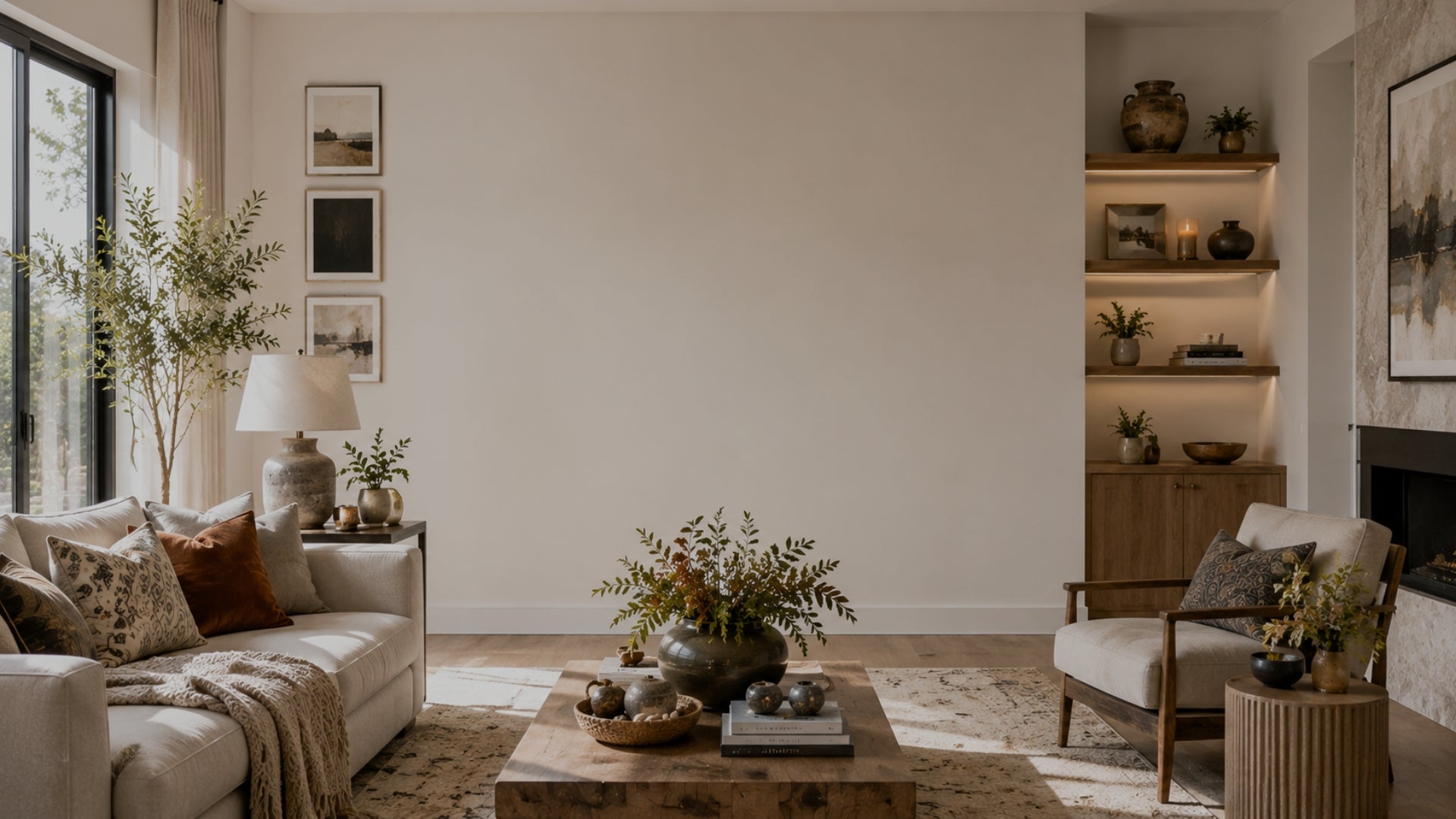 Cozy living room with beige sofa, coffee table, and decorative elements.